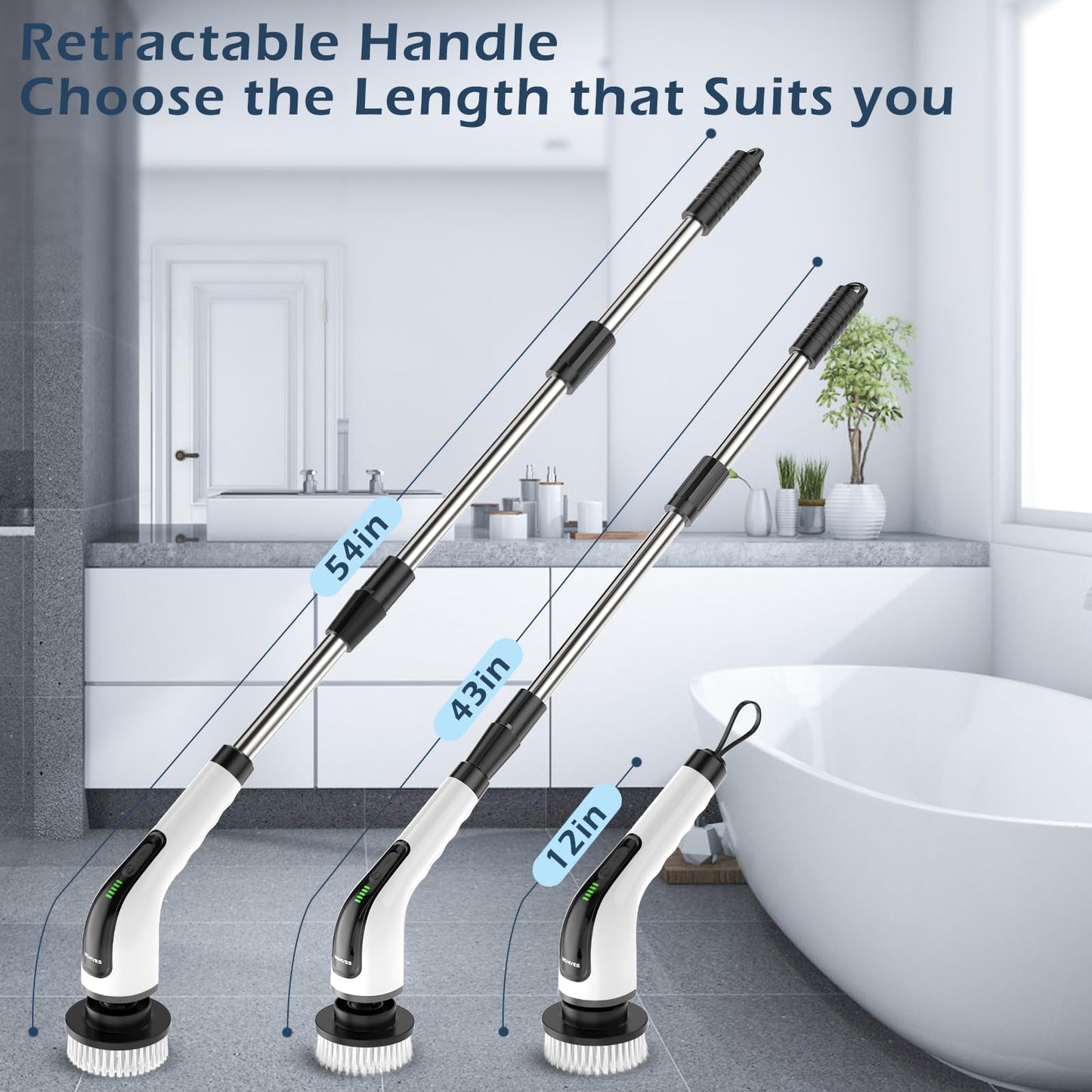 Bomves Electric Spin Scrubber, Cordless Cleaning Brush Scrubber for Home, Multi Replaceable Brush Heads-90Mins Work Time, 3 Adjustable Size, 2 Speeds for Bathroom Shower Bathtub Glass Car