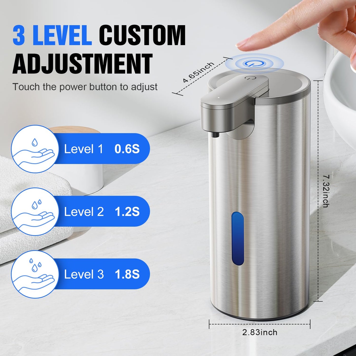 Fantictas Automatic Soap Dispenser Touchless, Stainless Steel 11.5 oz Liquid Hand Soap Dispenser, USB-C Rechargeable Sensor Pump with 3 Adjustable Levels for Kitchen & Bathroom