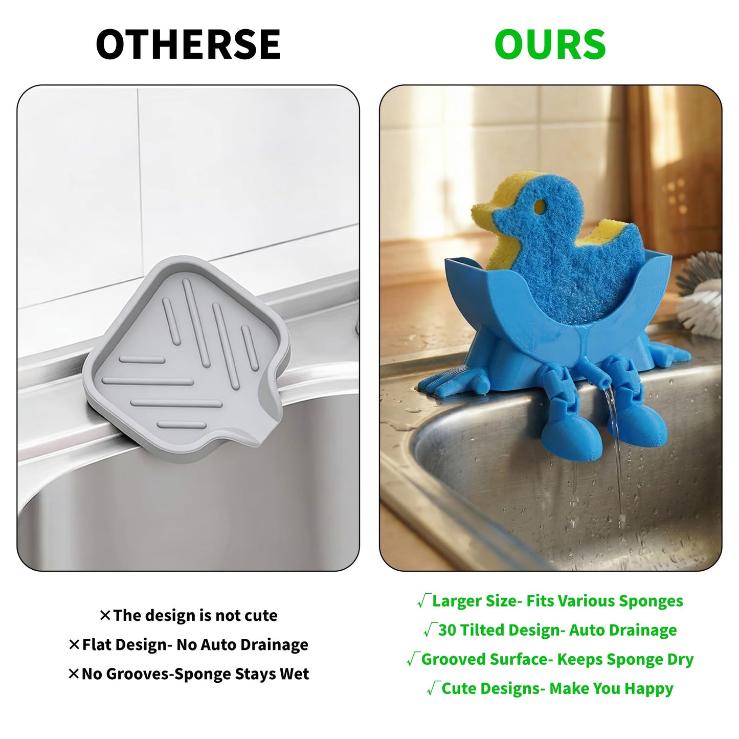 Cute Hanging Sponge Holder, Drainable Kitchen Sink Organizer, Scrub Sponge Stand Storage Rack with Smiley Design, Sink Accessories (Yellow)