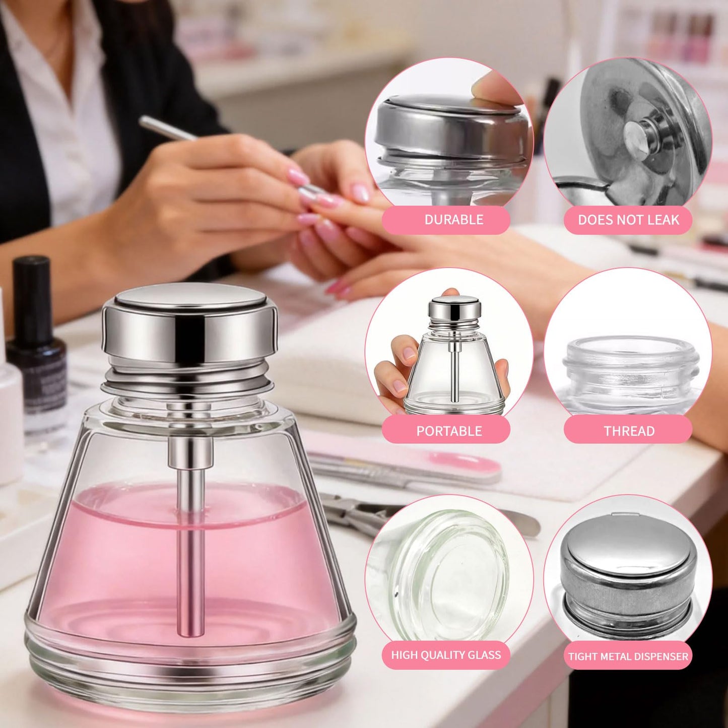 2 Pcs 6 Oz/ 180 ml Clear Pump Dispenser Bottle with Metal Flip Cover Glass Nail Polish Remover Push Down Dispenser Bottle Refillable Push Down Pump Dispenser Press Container for Makeup Remover