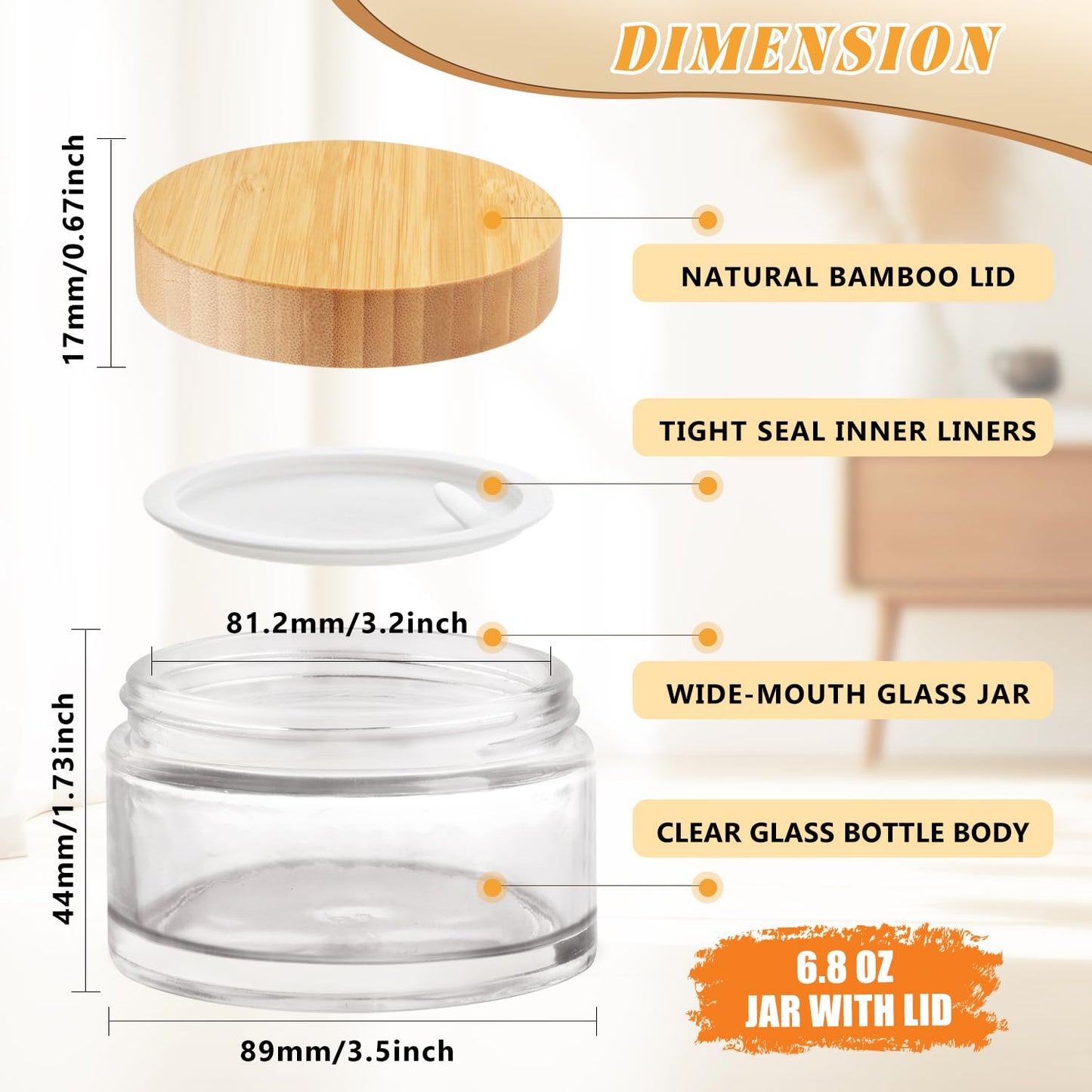 4 Pack 200ml/6.8 oz Glass Jars,Refillable Round Wide-mouth Jars Pot with Bamboo Lids,Empty Cosmetic Storage Containers for Lotion,Spice,Powder,Body Butter,Moisturiser,Cream,Candle Making (Clear)