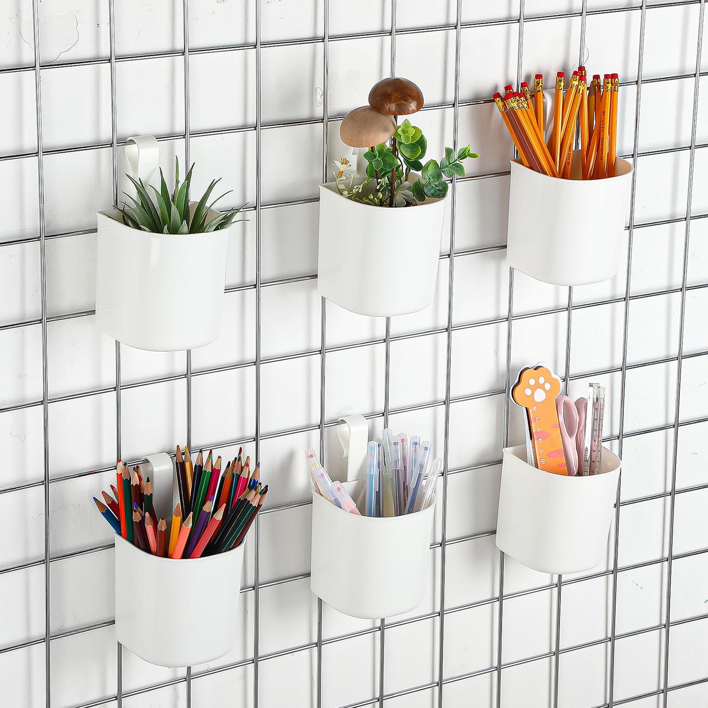 Threehoney 6 Pcs Grid Wall Baskets for Storage Grid Panel Accessories Hanging Bins Gridwall Cups for Kitchen and Bathroom, Hanging Baskets for Organizing, White