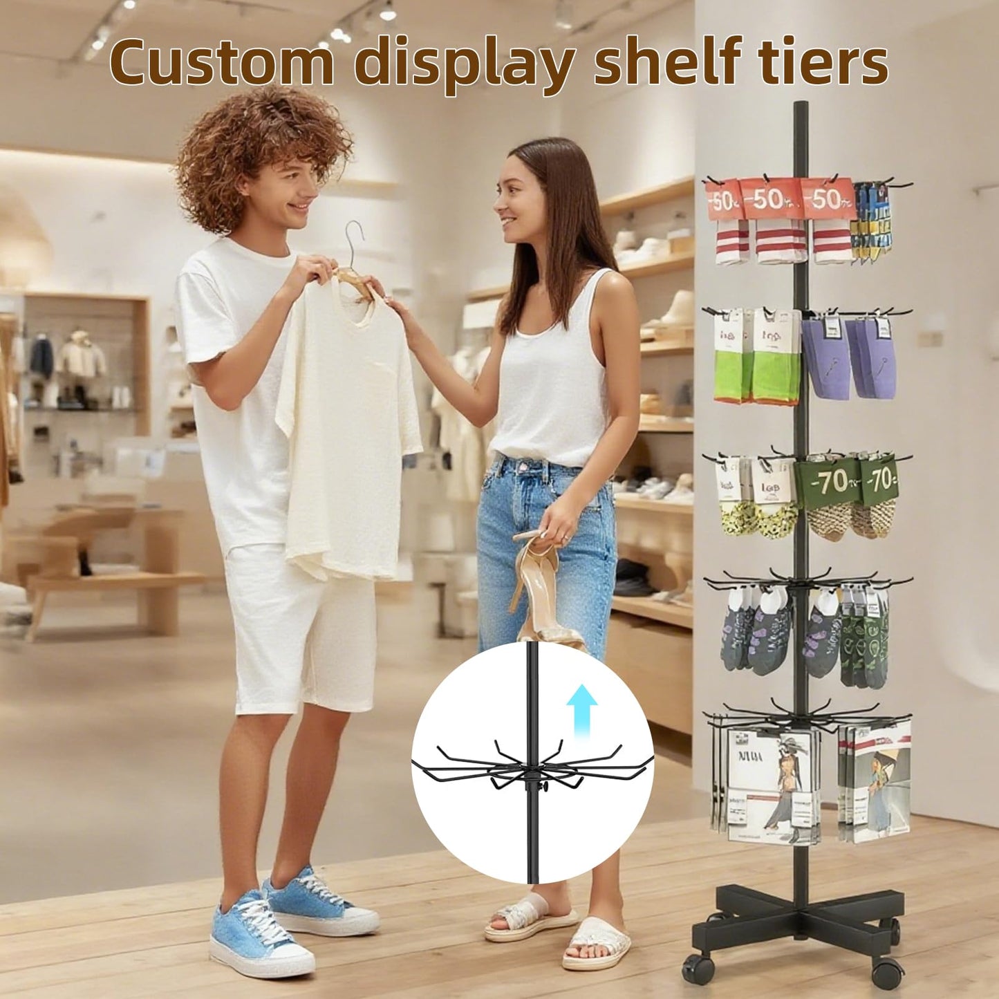 DEYEGELEA 7 Tier Rotating Rack Shelves Retail Display Stand,Jewelry Keyring Socking Hats,Movable Shop Spinner for Toys Show,Adjustable height,retail display racks For Store Display,Black