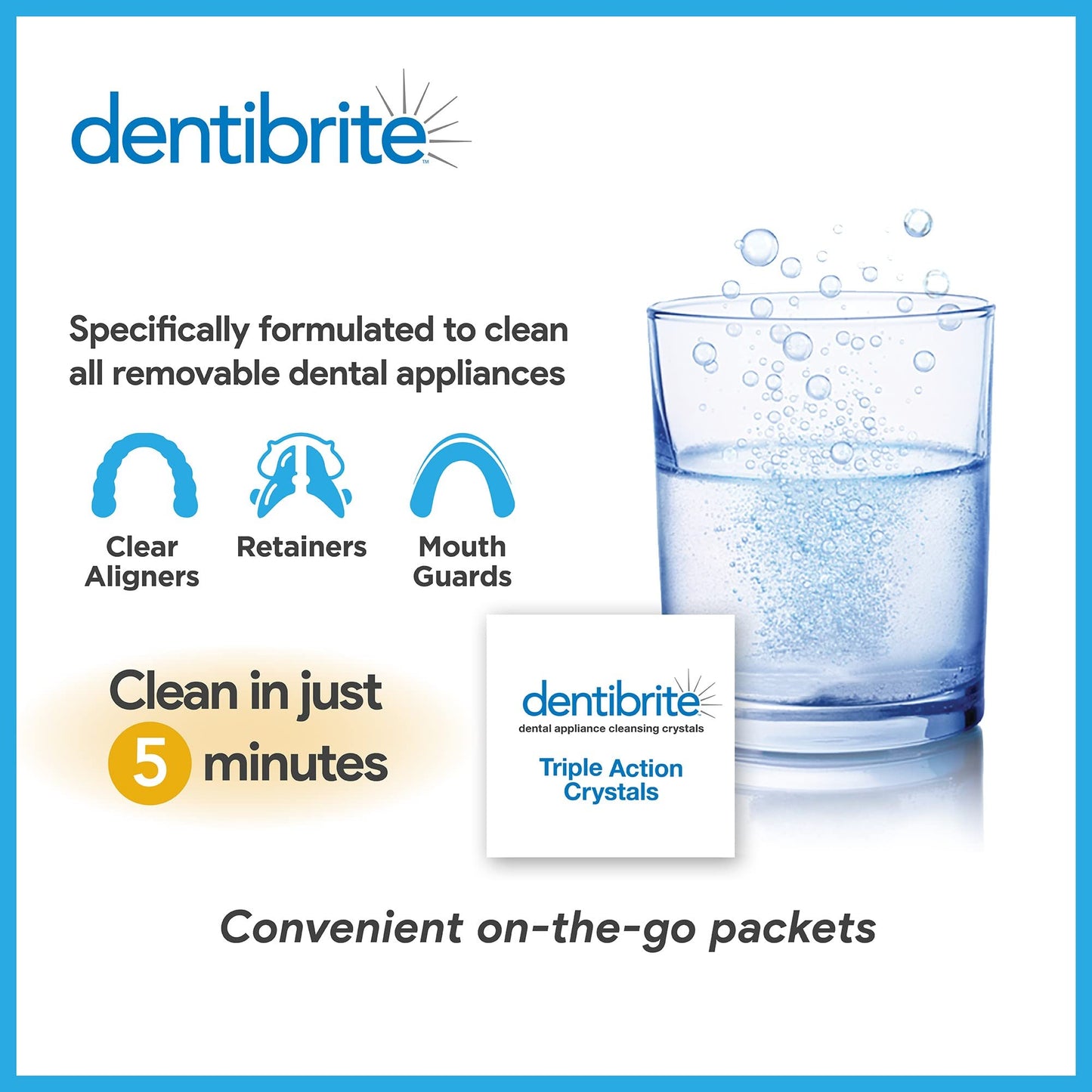 Dentibrite Crystals Cleaner for Removable Dental Appliances - Invisalign Aligners, Retainers, Guards, Dentures, Trays/Aligners - Odor Remover - No Persulfates or Dyes - 30ct - Made in USA