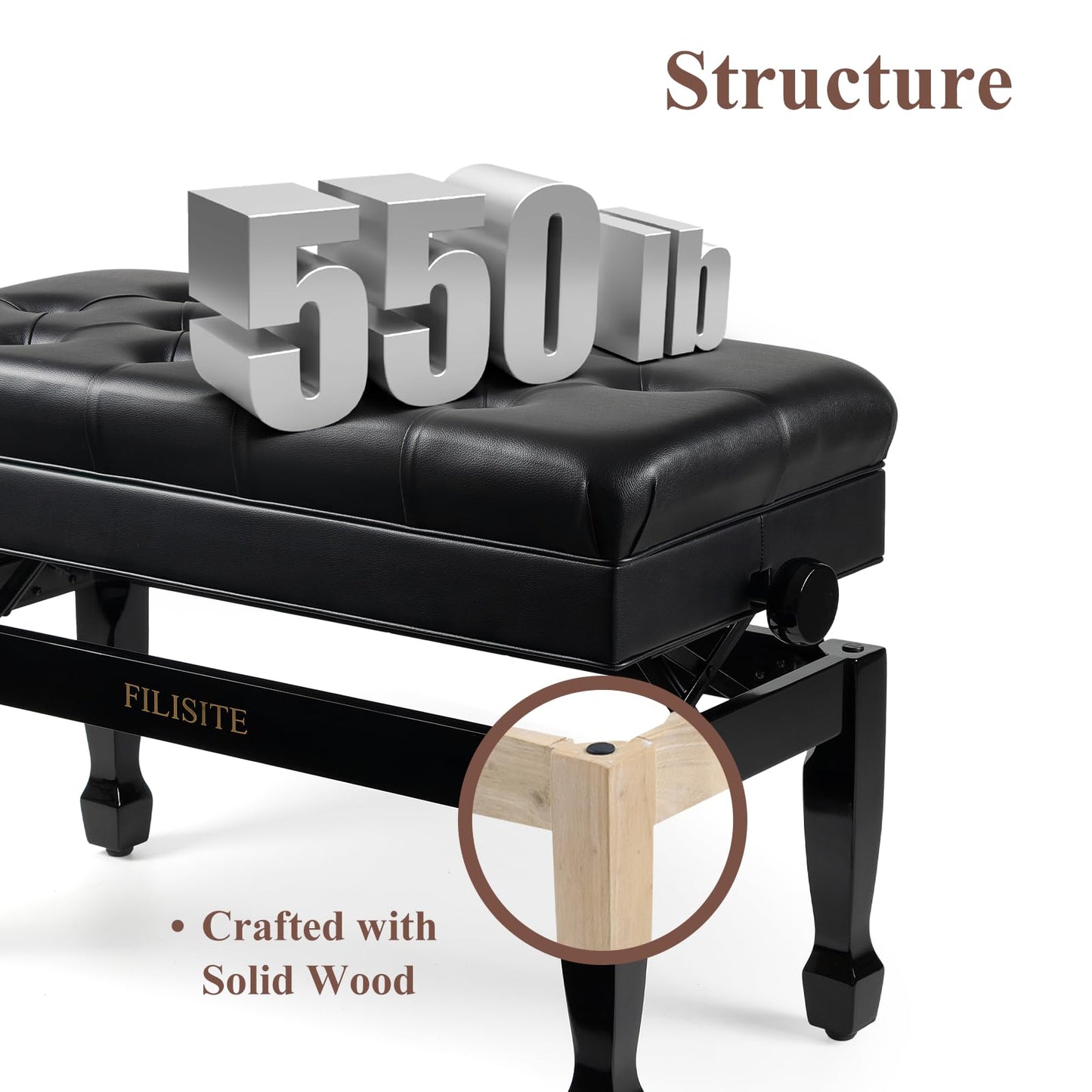 FILISITE Adjustable Duet Piano Bench with Storage, Heavy Duty Solid Wood Double Piano Stool Keyboard Bench Seat with PU Leather Padded Cushion (Black)