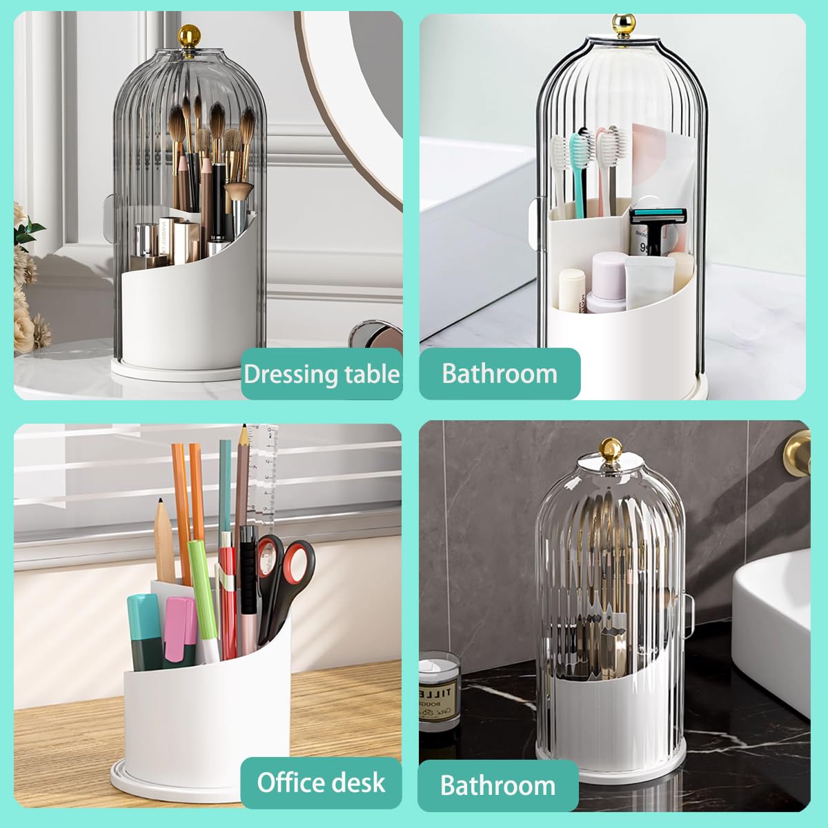Makeup Brush Holder Organizer 360° Toothbrush storage rack,Beauty Brushes Storage, Makeup Brush Holder with Lid, Waterproof Dustproof Beauty Brushes Storage for Vanity (Grey-White)