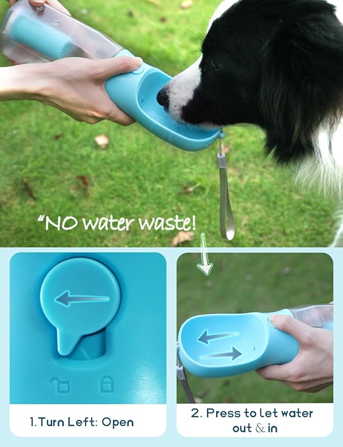 Portable Water Bottle for Small Dogs, 3 in 1 Pet Travel Bowl Dispenser with Food Treat Container & Poop Bag Holder, Summer Walking Hiking Accessories for Puppy On The Go - Blue, 10oz