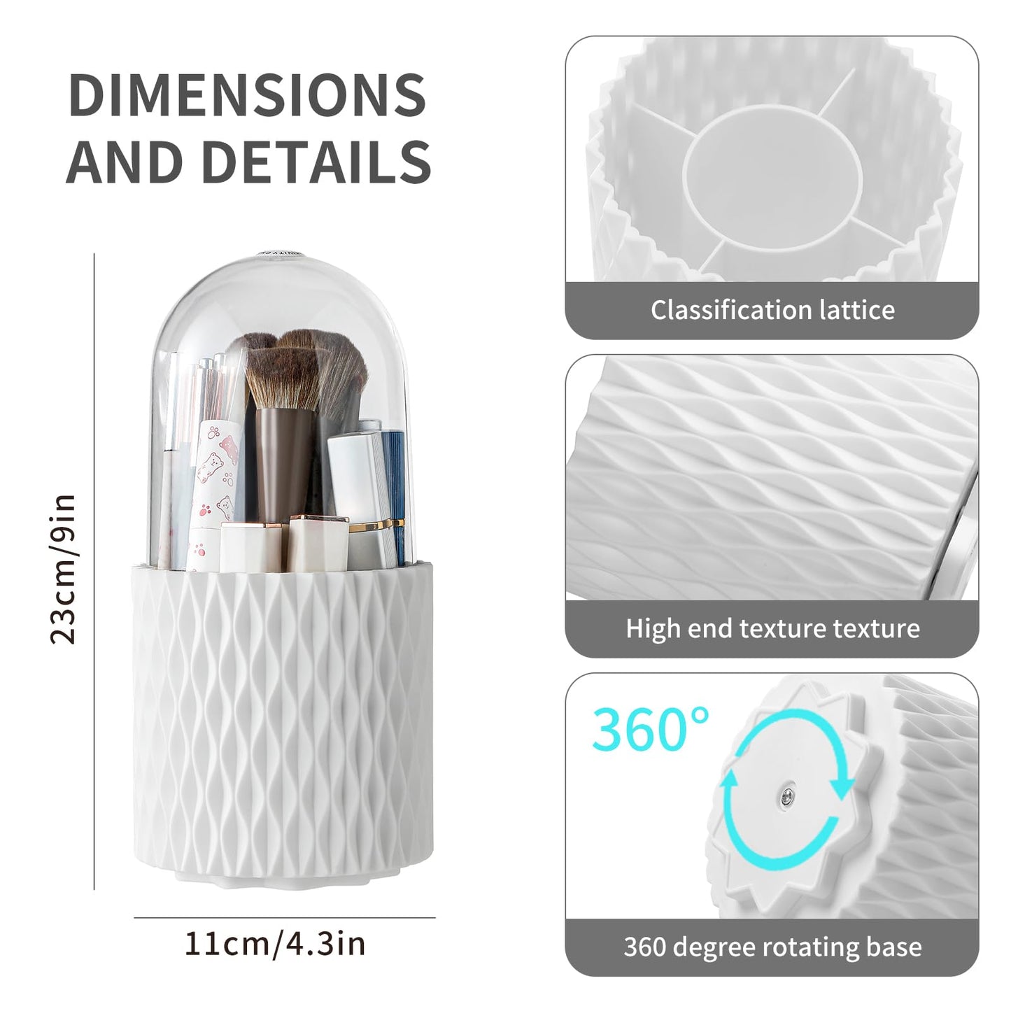 Imakmasion Makeup Brush Holder with Lid, 360° Rotating Dustproof 5-Slot Cosmetic Organizer for Vanity Countertop, Spinning Brush Caddy with Cover for Lipstick, Hair Brush & Art Supply, White