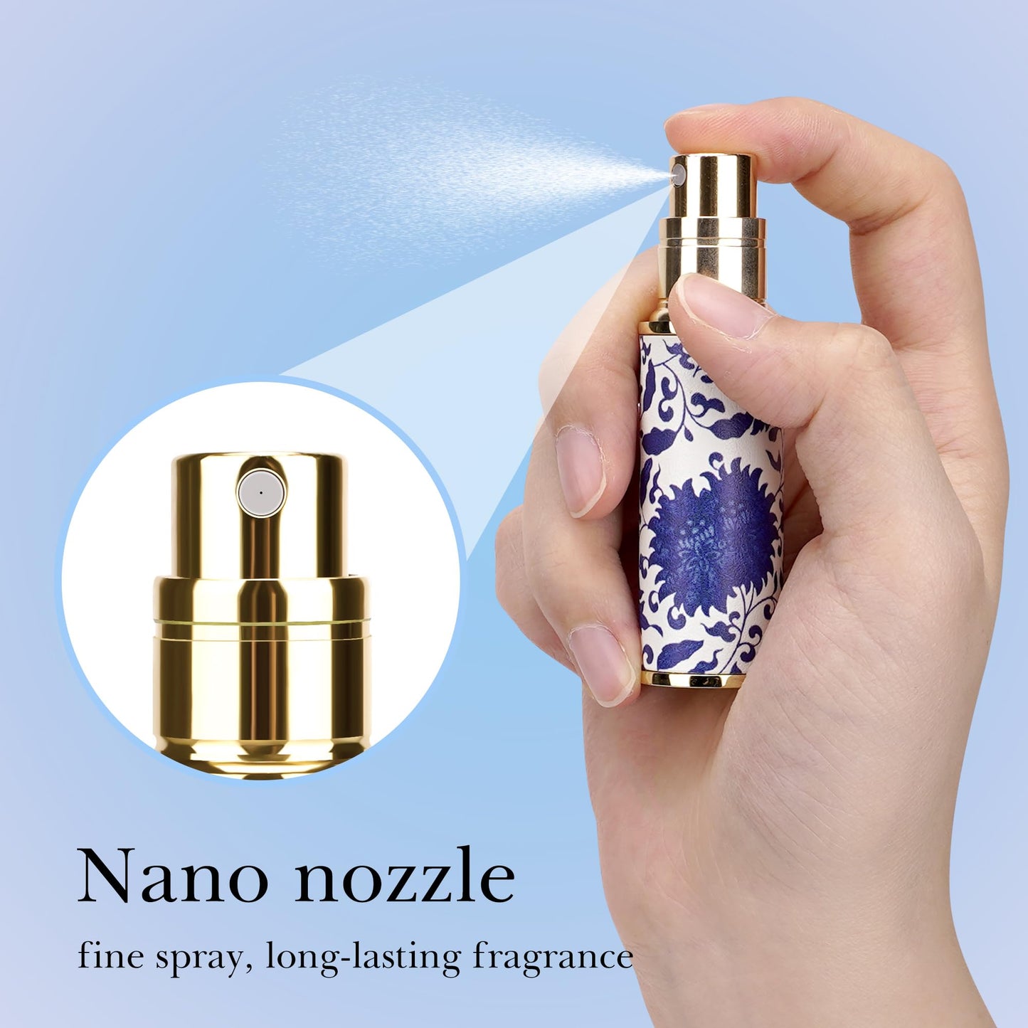 LUEXBOX Portable Perfume Bottle for Travel, Mini Refillable Perfume Dispenser, 5ml Faux Leather Leak Proof Perfume Atomizers, Blue and White Bottles Sprayer for Pocket Perfume (Blue branch)