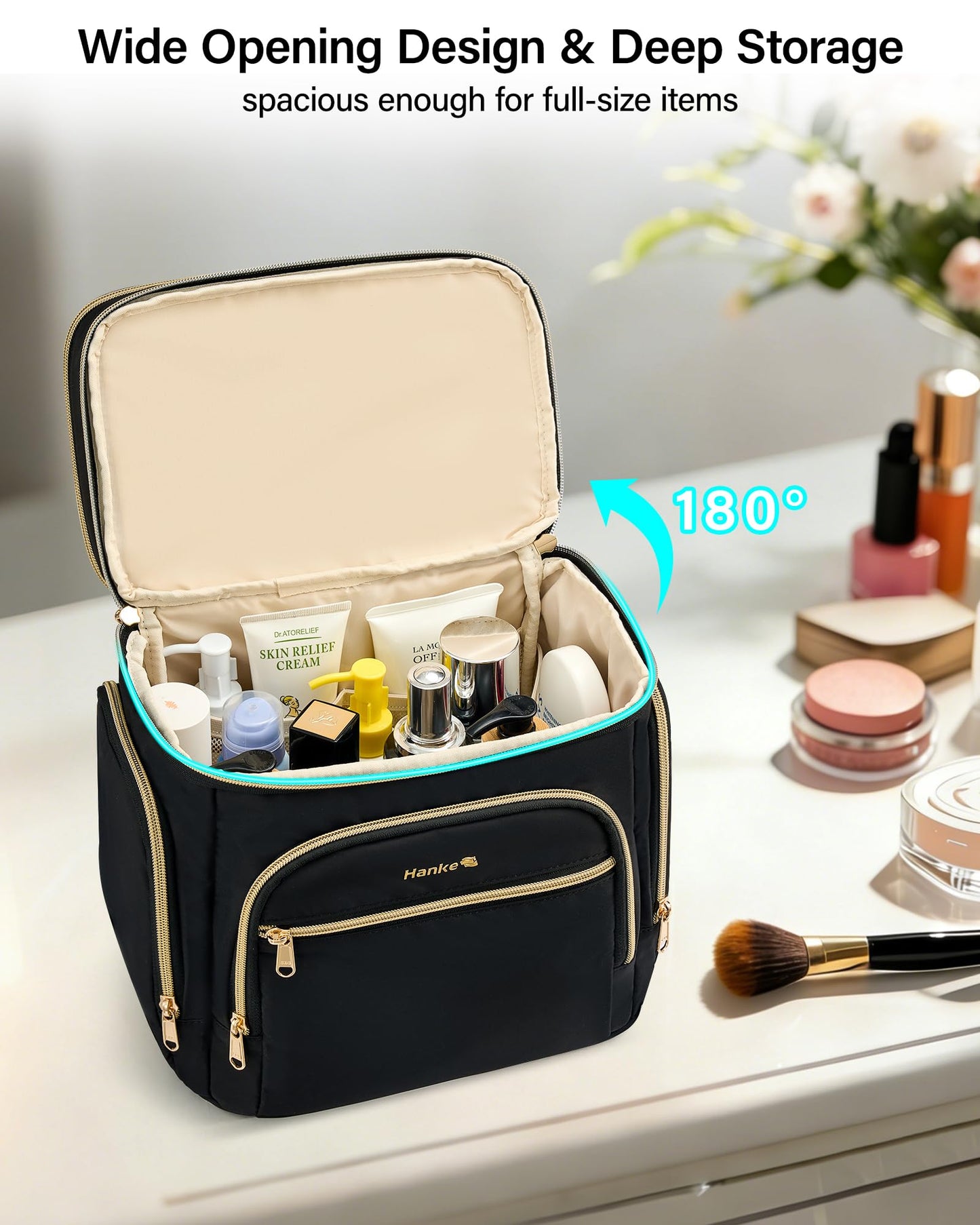 Hanke Large Toiletry Bag for Women Travel, Double Layer Organizer with Wide Opening for Full-Size Cosmetics & Toiletries, 12.2L Water-Resistant Makeup Bag,Black