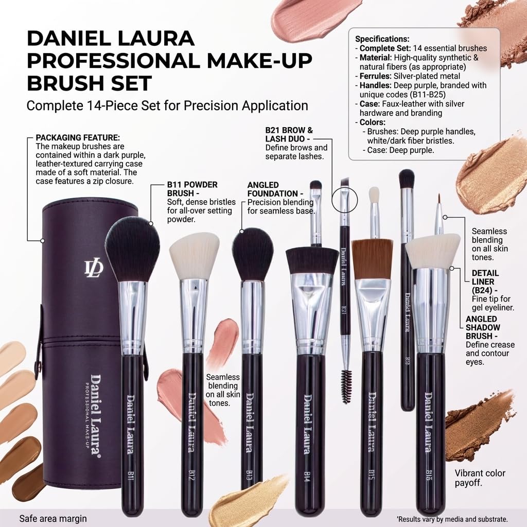 Daniel Laura Studio Dense Makeup Brushes Set Professional 15PCS | Vegan Bristles | Flawless Blending | Makeup Brush Set with Case | Foundation, Powder, Blush, Contour, Highlight
