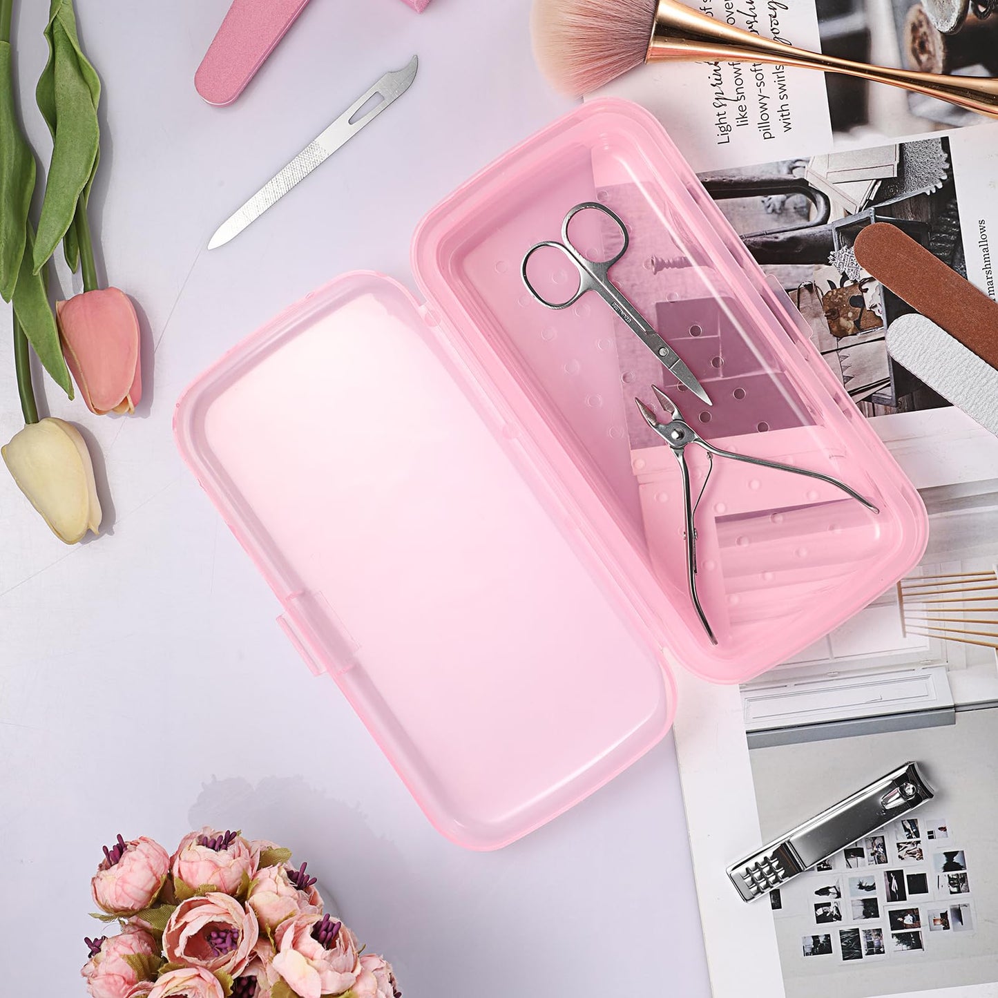 JUXYES Plastic Sterilizing Tray for Nail Art Accessories Tools, Portable Nail Art Tool Sterilizer Tray with Strainer, Fully Transparent Storage Box Organizer for Tweezer, Manicure Tools