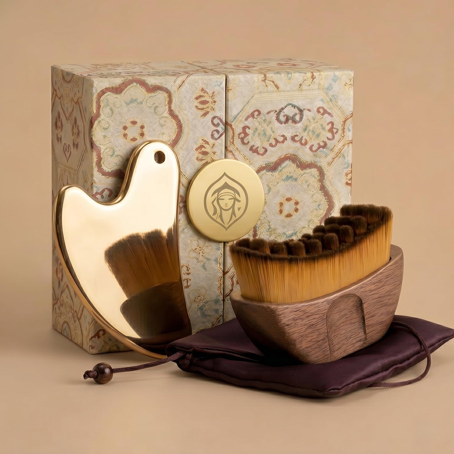 Lymphatic Contour Face Brush & Gold Stainless Steel Gua Sha - Lymphatic Drainage Brush for Face and Neck, Dry Brush for Face Sculpting, Depuffing, Jawline Massage, Gift Set for Skin Care