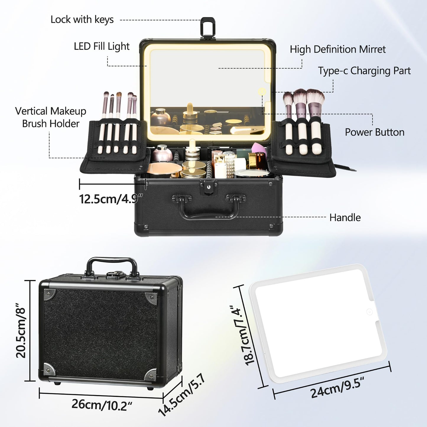 GALHUBIS Makeup Case with Lighted Mirror, Makeup Box Organizer with Detachable LED Mirror, Travel Makeup Train Case, Waterproof Cosmetic Organizer, Standing Makeup Brush Holder, Gift, Black