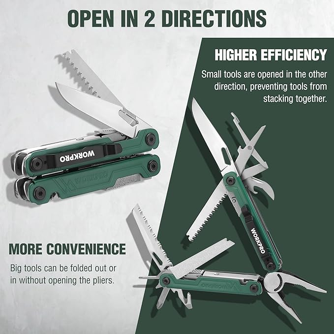 WORKPRO 18-in-1 Multi Tool Pliers, Gifts for Men, Stainless Steel EDC Multitool with Pocket Knife, 2 Safety Locks, Belt Clip and Oxford Pouch, Utility Multiuse Tool for Camping