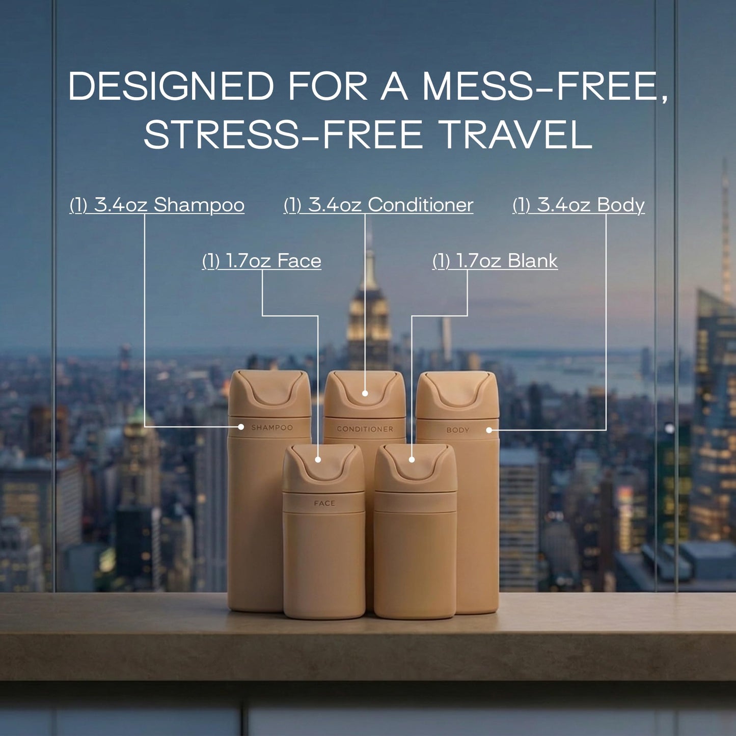 RIES Essential Refillable Toiletry Travel Bottles Airless Pump Set