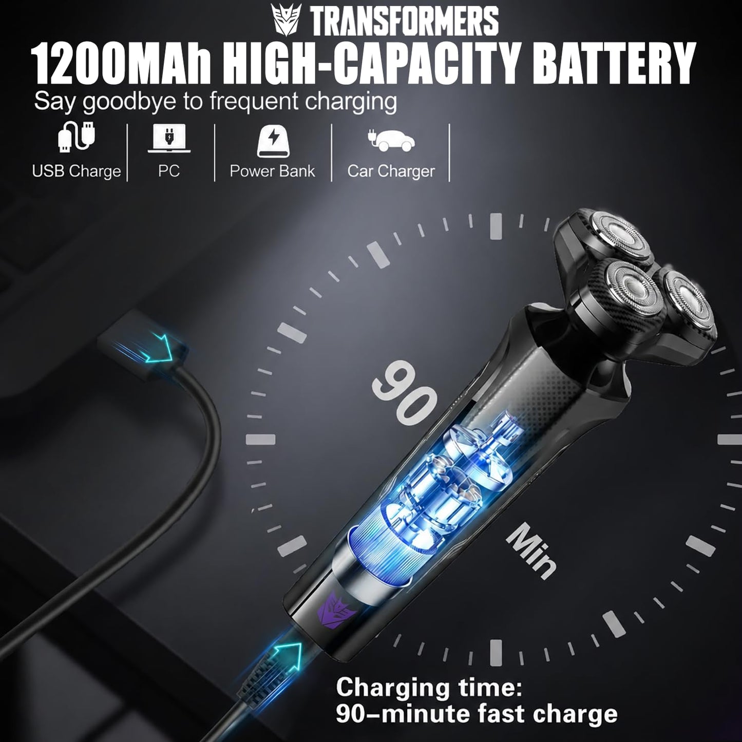 TRANSFORMERS Electric Razor for Men, 3D Rotary Shaver for Sensitive Skin with Pop-up Trimmer, IPX7 Waterproof, Wet & Dry USB-C Fast Charging Shaver with LED Display & Travel Lock – Gifts for Men