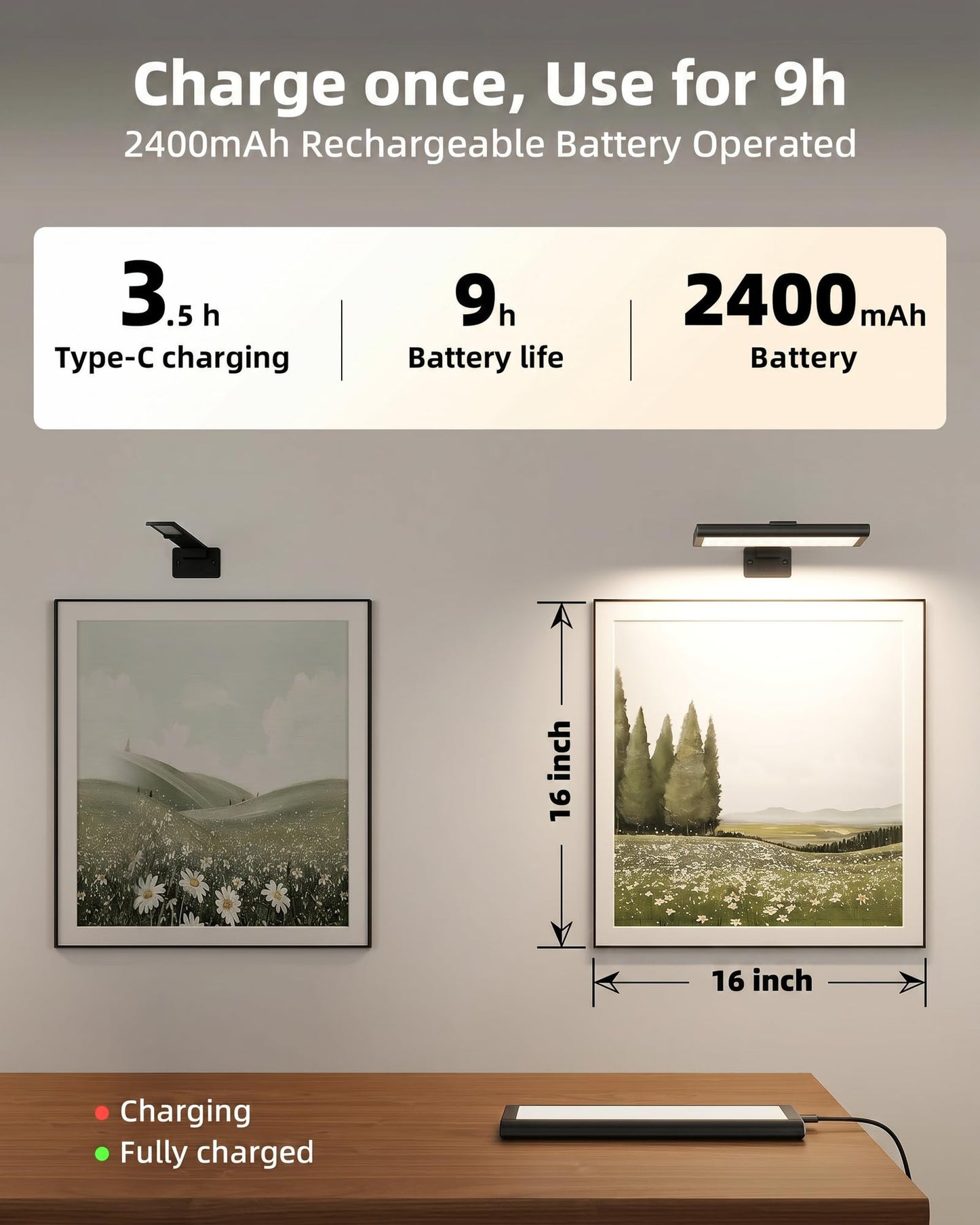 EZVALO Picture Light for Wall, Rechargeable 2400mAh Lights Wireless with IR Remote, 3 Color & Dimmable Magnetic 7.87'' LED Lights Display for Painting, Living Room, Gallery, Bedroom Art(Black-2P)