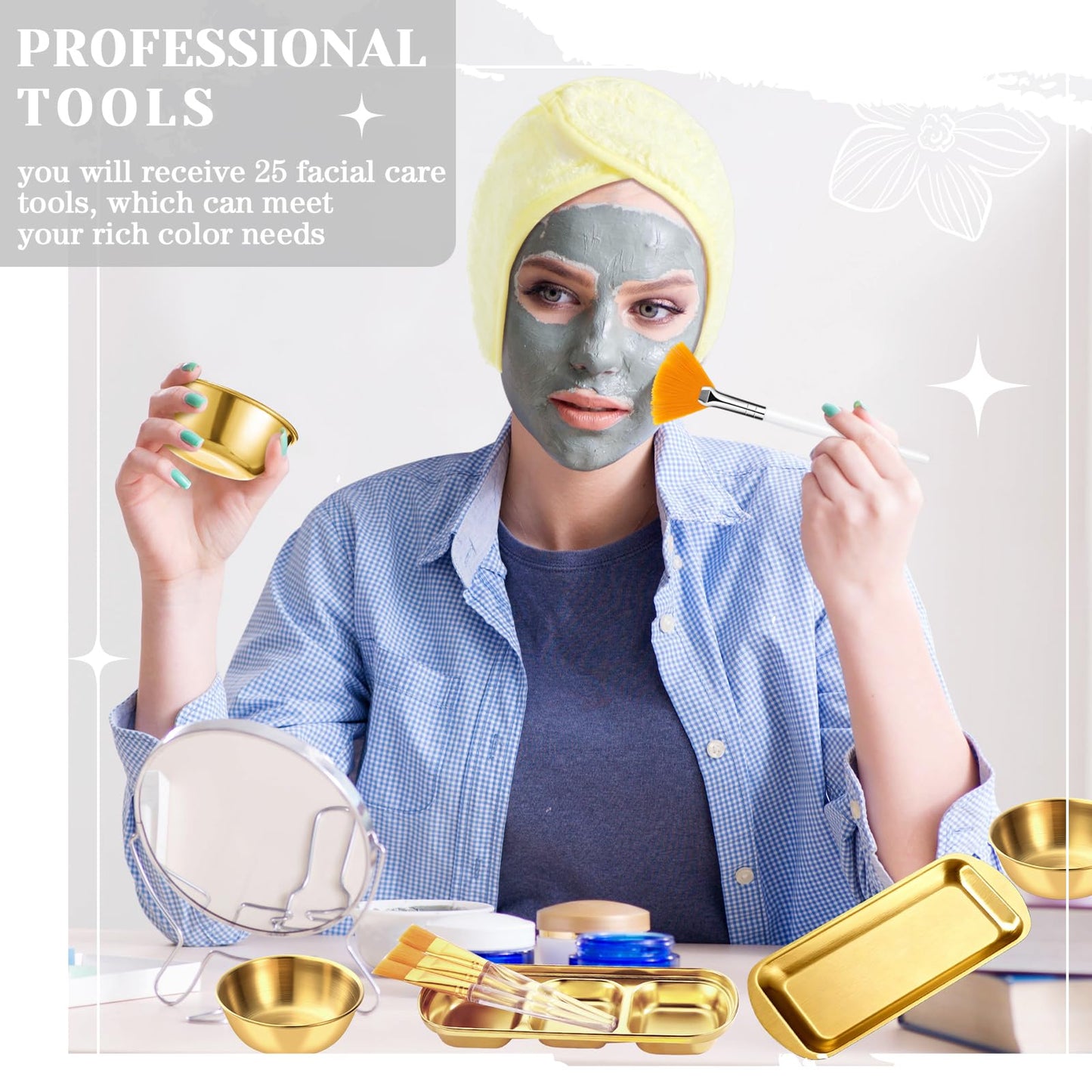 LemonRoad 25 Pcs Esthetician Facial Supplies Set, 3 Stainless Steel Mixing Bowls, 2 Serving Trays, 6 Brushes, 2 Hairbands, 12 Compressed Sponges for Women Facial Mask Spa Home Use(Gold)