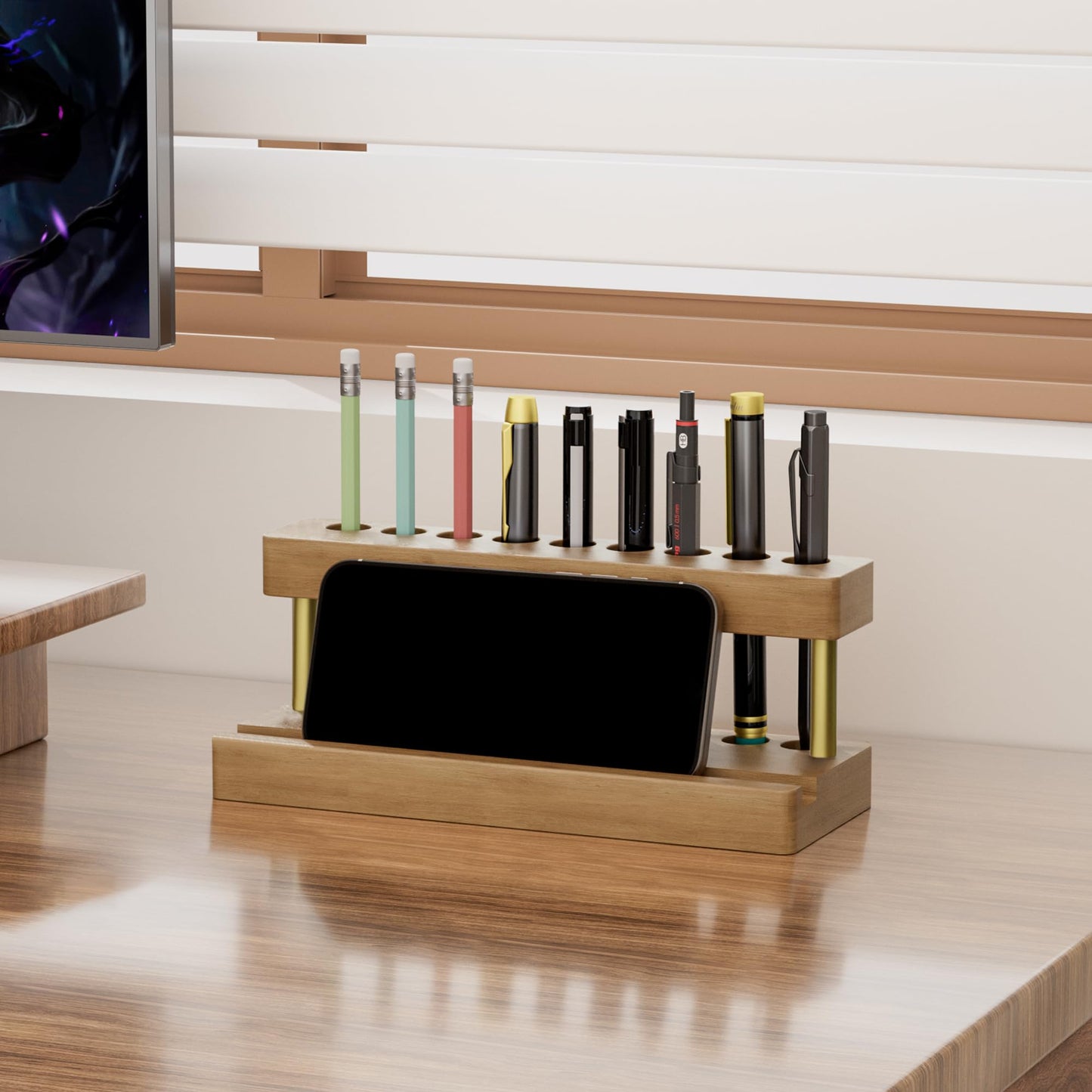 Cewomuc Wooden Holder for Office Desk, Solid Wood Pen Display Stand With 9 Slots and Cell Phone Holder, Aesthetic Pen Organizer for Minimalist Office Desk Decor (Wood+Gold)