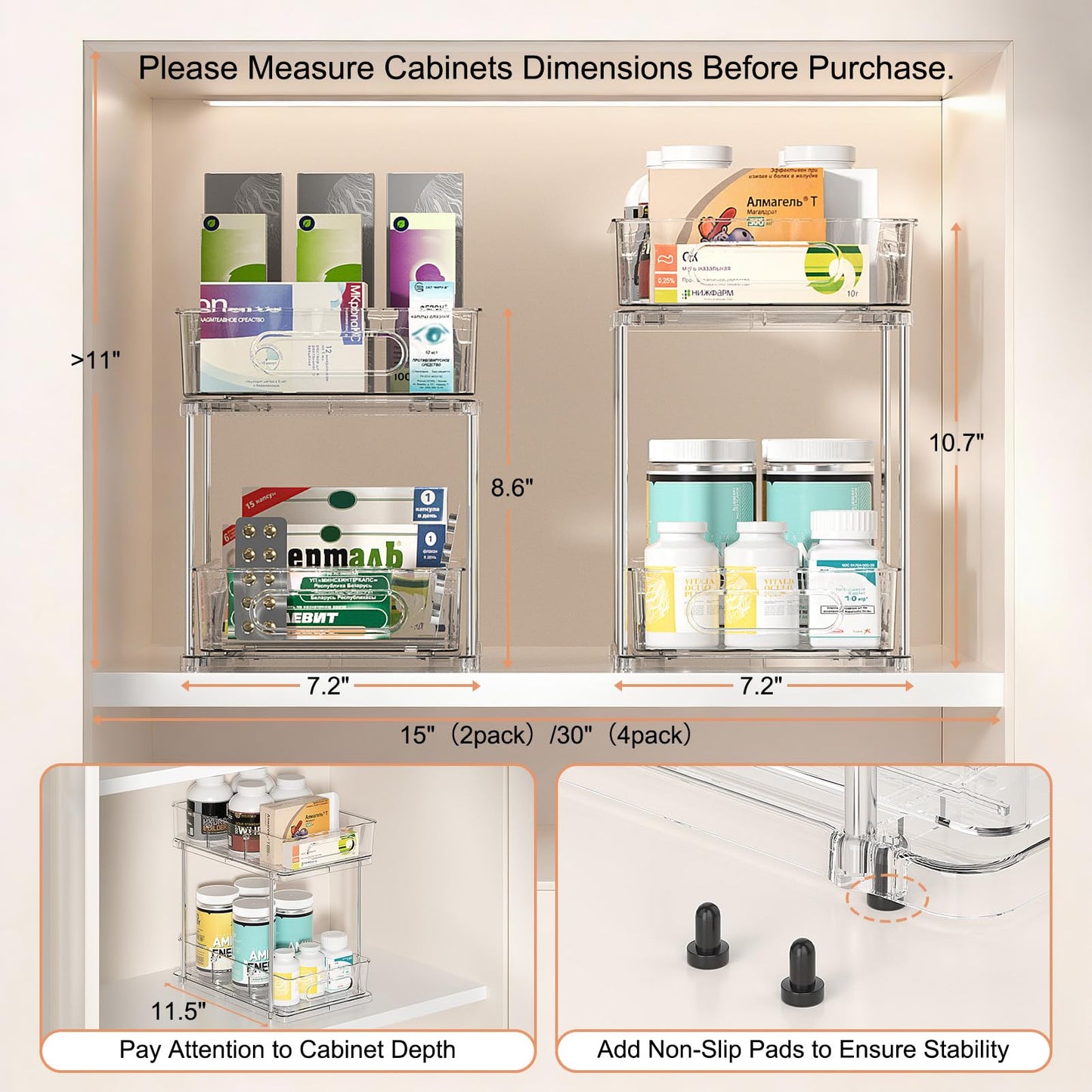 Delamu 2 Tier Under Sink Organizer Bathroom, Bathroom Cabinet Organizer with Snap-Lock Design and Hooks, Pull Out Storage with Movable Dividers, for Countertop, Kitchen and Pantry (Clear, 2 Pack)
