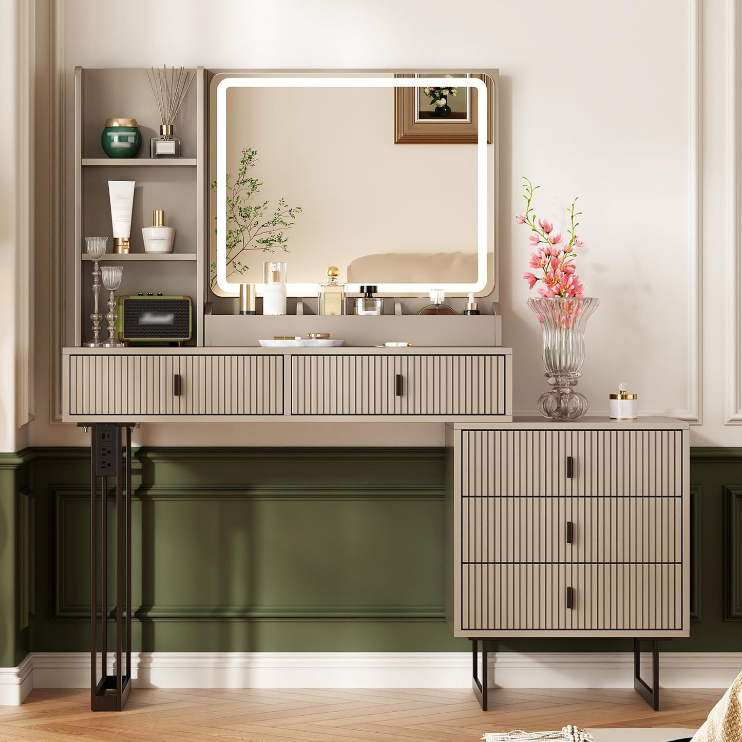 Large Vanity Desk with 3 Color Touch Screen Dimming Mirror, Vanity Desk with Charging Station, Modern Retractable Makeup Dressing Table, Makeup Table With storage shelves and 5 Sliding Drawers,Morandi