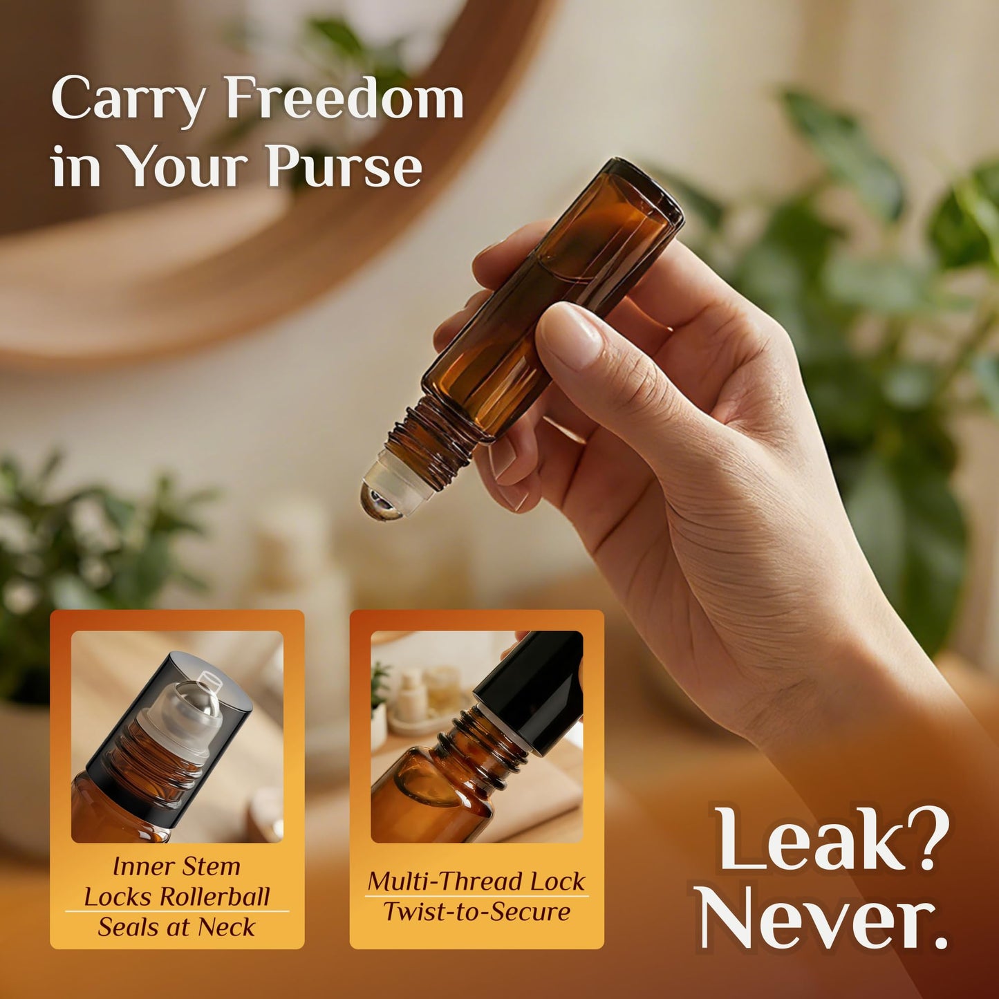 PrettyCare Set of 24, 10 ml Amber Glass Roller Bottles for Essential Oil with Stainless Steel Roller Ball - Refillable Leak-proof Empty Roll on Bottles with Black Caps for Travel, Perfume,Lab