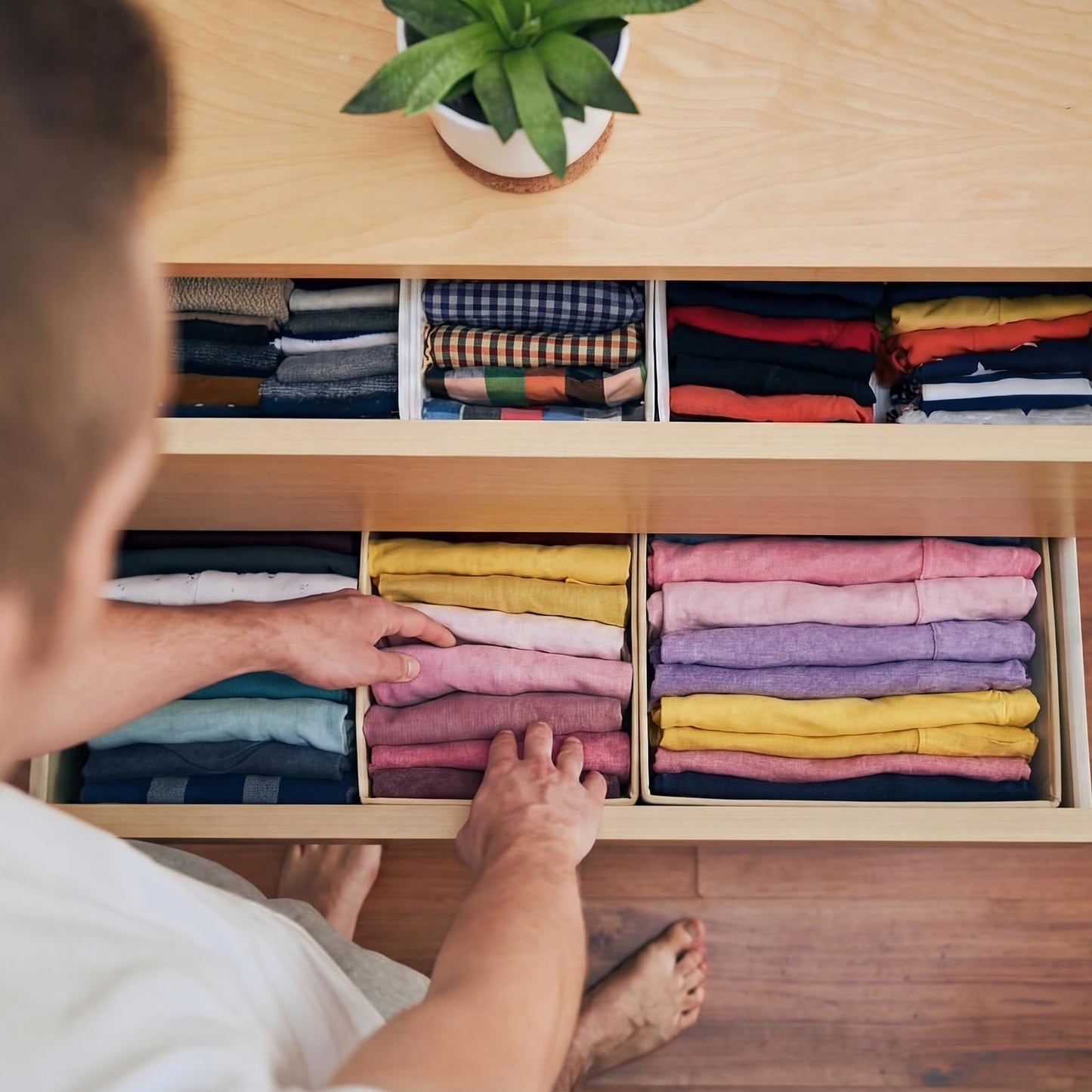 Soft Scarf Organizer for Closet Drawer 3 Set Fabric Storage Bins with 6, 7, and 8 Compartments for Scarves and Accessories Space Saving Closet Organizers Non Damaging Flexible Storage for Home (Beige)