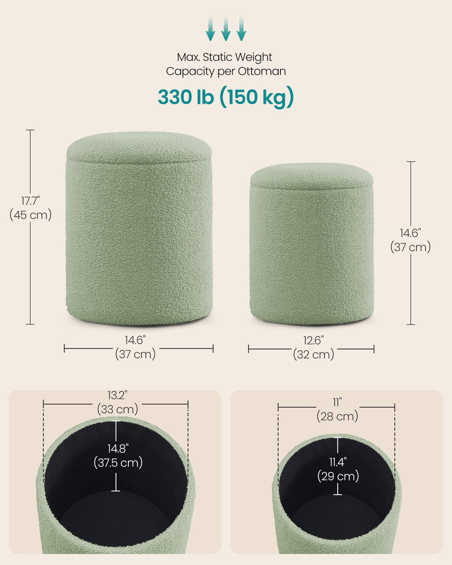SONGMICS Vanity Stool, Set of 2, Round Storage Ottoman, Small Ottoman Coffee Table, Foot Stool, Removable Lid, for Living Room, Bedroom, Hallway, Easy Assembly, Teddy Fleece, Laurel Green ULOM013CZ01