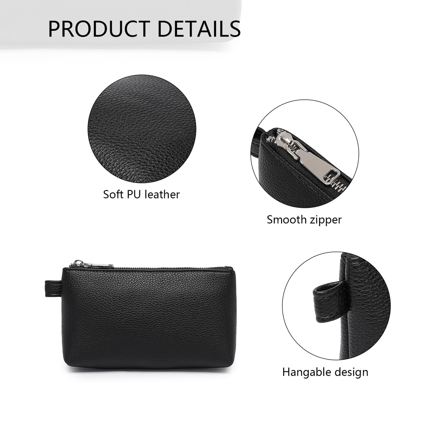 YONBEN 30 Color PU Faux Leather Travel Toiletry Bag for Women, Mini Cosmetic Pouch Organizer with 2 Dividers, Easy Clean Makeup Bag for Purse, Gift Idea (PU Faux Leather/Black)