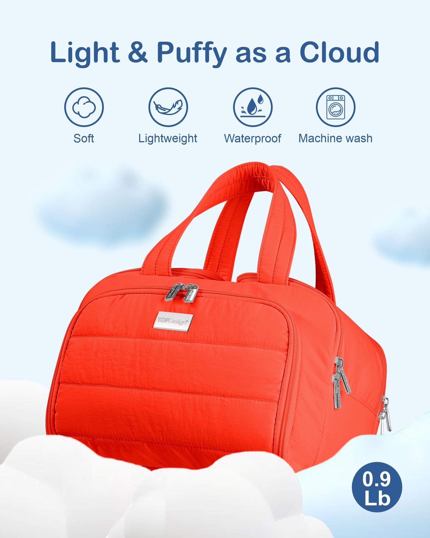 TOPDesign Travel Toiletry Bag for Women, Puffer Large Toiletry Bag, Lightweight Cosmetic Makeup Organizer with Handle for Traveling, Accessories, Essentials, Toiletries (Red Orange)