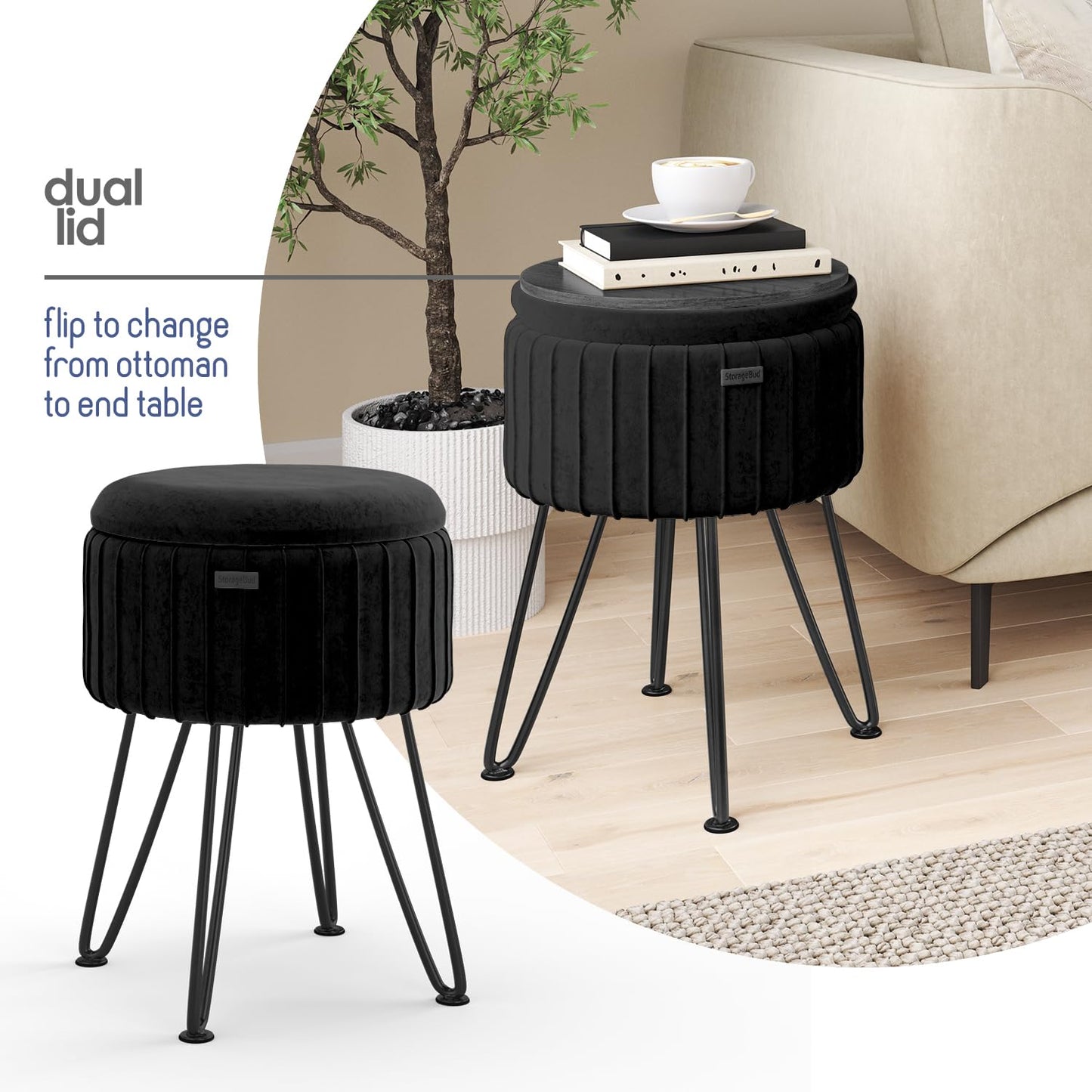 STORAGEBUD Round Ottoman with Storage, Pleated Velvet Storage Ottoman, Foot Stool Ottomans, Makeup Vanity Stool, Small Ottomans Foot Rest, Modern Vanity Stools for Living Room and Bedroom, Black