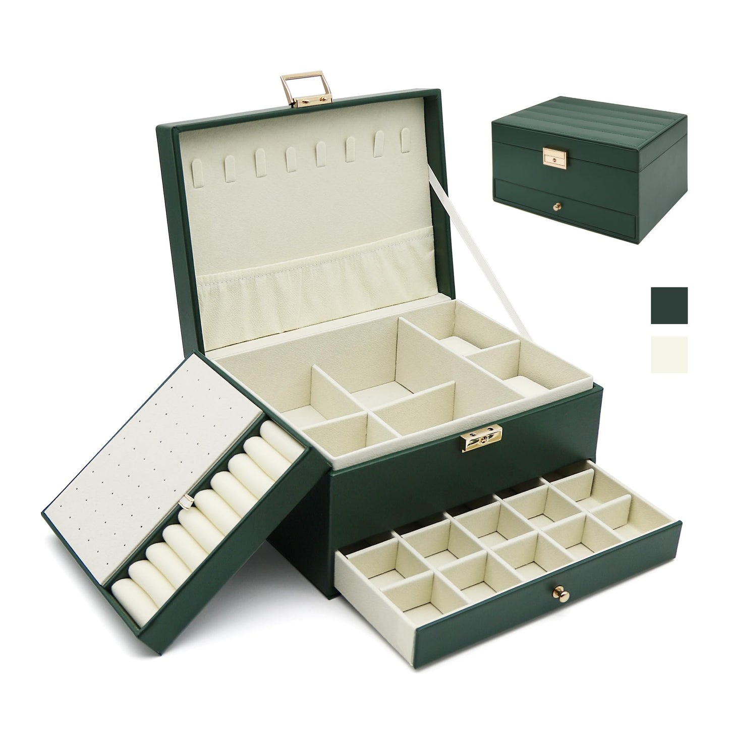 Jewelry Organizer Box, Jewelry Box Organizers for Women Girls, 3 Layers Large Leather Necklace Storage Case for Earring, Rings, Necklaces, Bracelets, Big and Small Jewellery, Watch, Gift (DeepGreen)