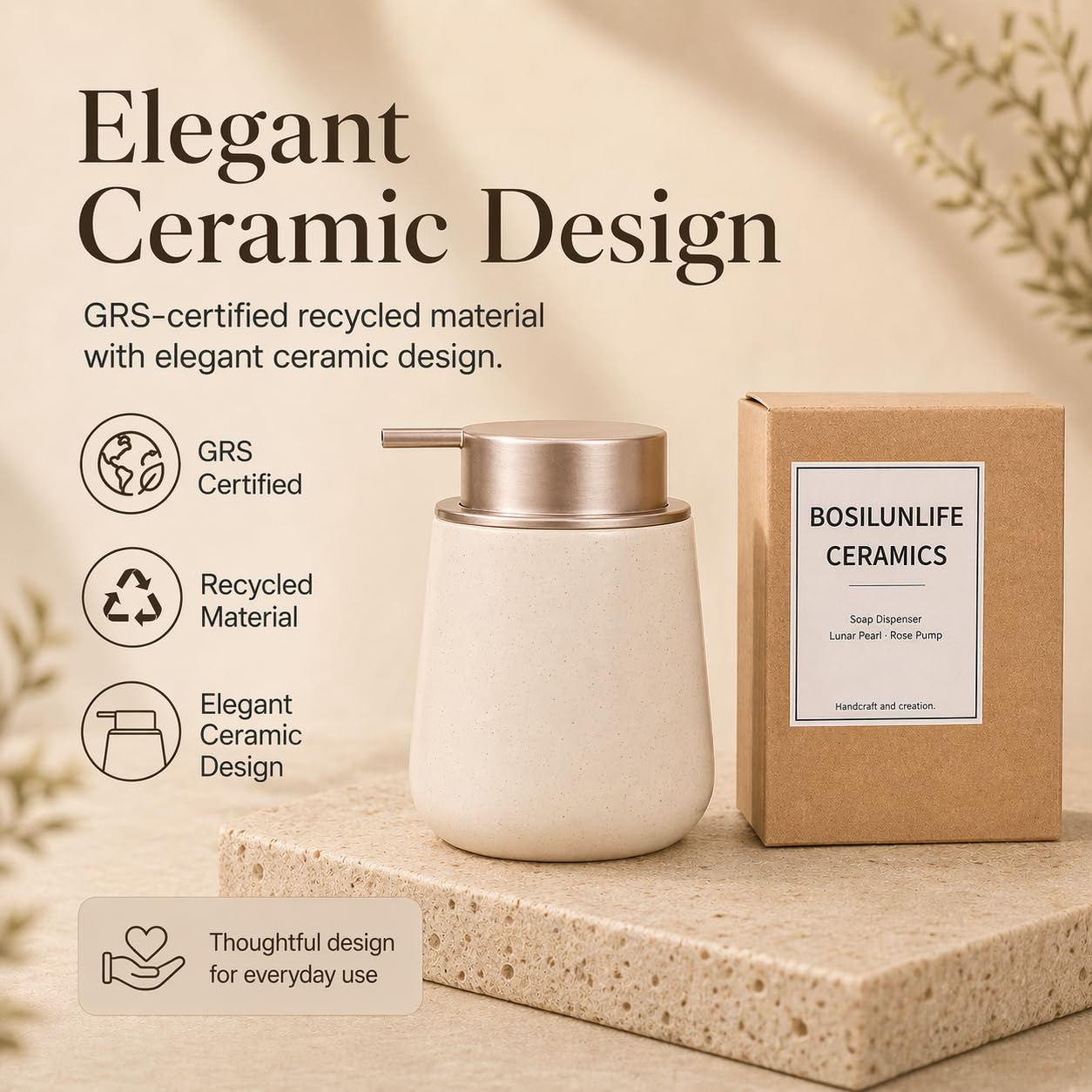 Bosilunlife Hand Soap Dispenser - 12oz Ceramic Soap Dispenser Bathroom Refillable Liquid Soap Pump Dispenser for Bathroom Kitchen Dispenser for Dish Soap with Easy-to-Press Pump