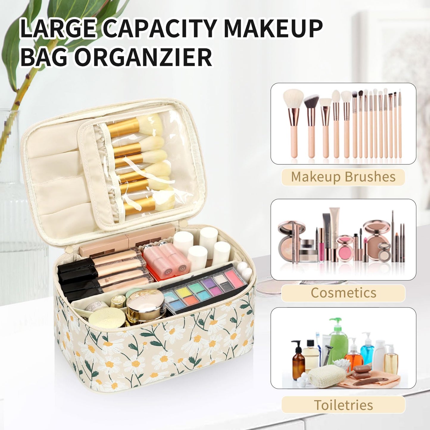 OCHEAL Makeup Bag,Travel Makeup Organizer Bag, Cute Cosmetic Bags for Women Girls Travel Toiletry Bag Traveling With Brush Slot And Divider-Floral