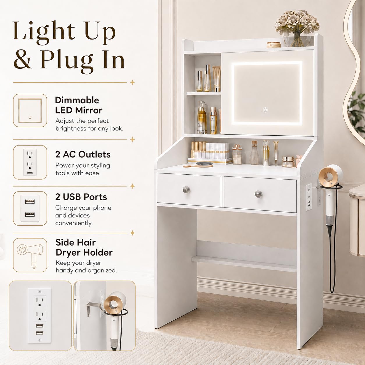 Viaozutis Small Makeup Vanity Desk with Sliding Mirror & Dimmable LED Lights, White Vanity Table with 2 Drawers, Hidden Storage, Power Outlets, USB Ports & Hair Dryer Holder for Bedroom(White)