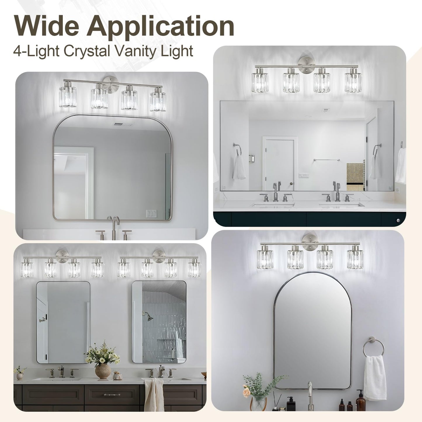 Kvhiiw Crystal Bathroom Light Fixtures, Bathroom Lighting Fixtures Over Mirror, Modern 4-Light Brushed Nickel Vanity Lights for Mirror, Restroom, Kitchen(Ceramic E26 Socket,Bulbs Not Include)