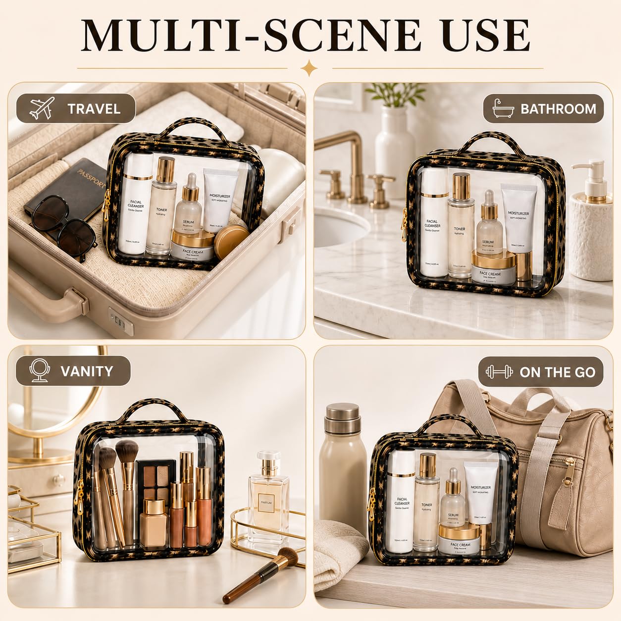 Clear Makeup Bags with Zipper, TSA Approved Travel Toiletry Bag, 2-Pack (Large, Medium) Clear Cosmetic Bag Handle, Waterproof Make Up Bag for Women, Car Bag Organizer & Car Organization Essentials