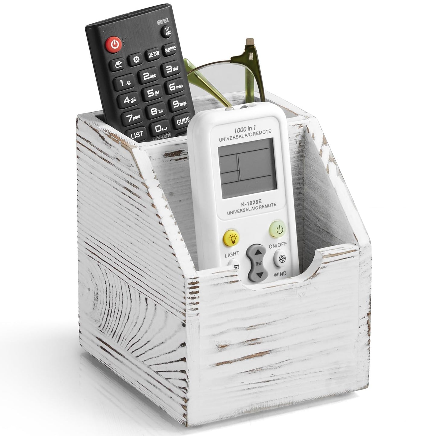 BWODYAY Remote Control Holder, TV Remote Holder, Wood Farmhouse Remote Caddy for Table, Remote Organizer Caddy with 2 Slots, Remote Storage Box for Home Office Rustic White