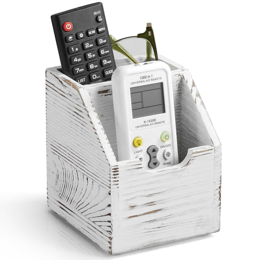 BWODYAY Remote Control Holder, TV Remote Holder, Wood Farmhouse Remote Caddy for Table, Remote Organizer Caddy with 2 Slots, Remote Storage Box for Home Office Rustic White
