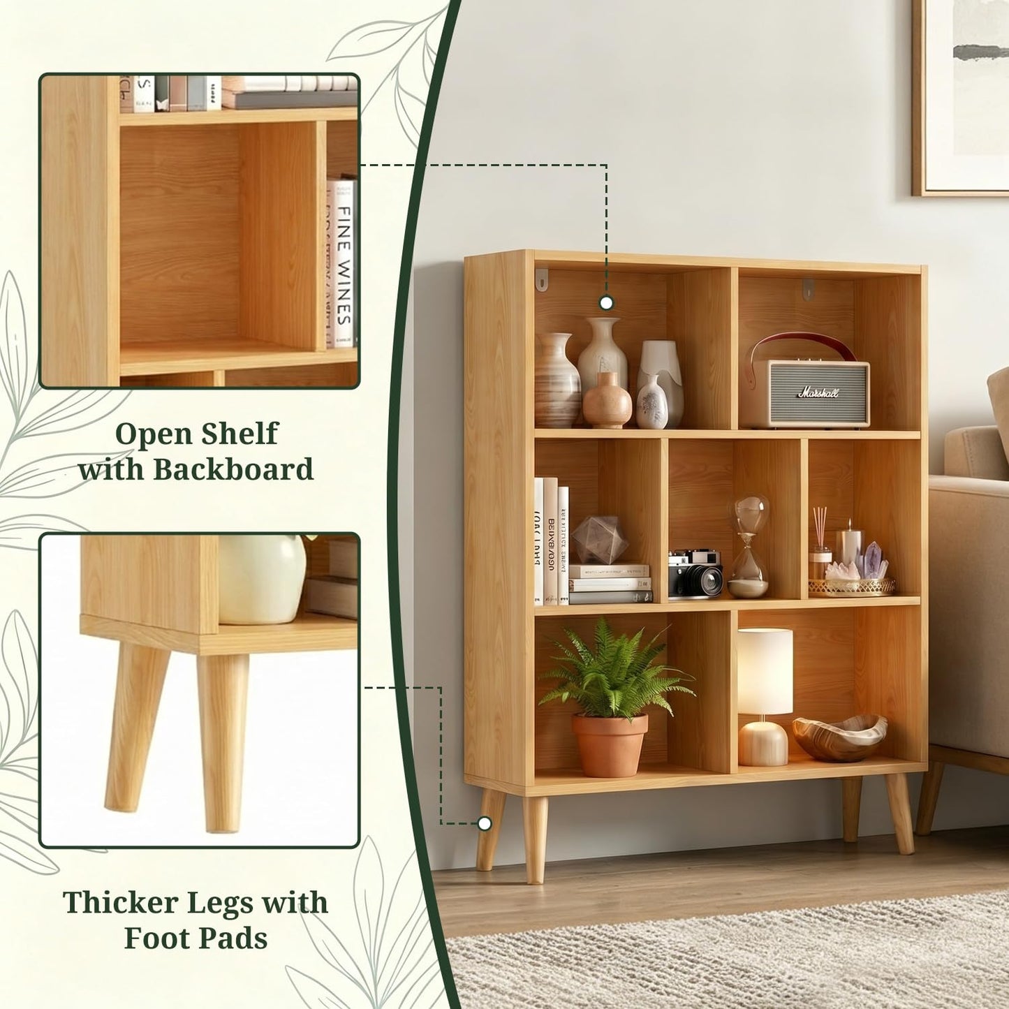 SageNest 7 Cube Bookshelf, 3 Tier Mid-Century Modern Bookcase with Wooden Legs, Heavy Duty Cubby Storage Organizer Display Shelf for Living Room, Bedroom & Office, Deep Natural