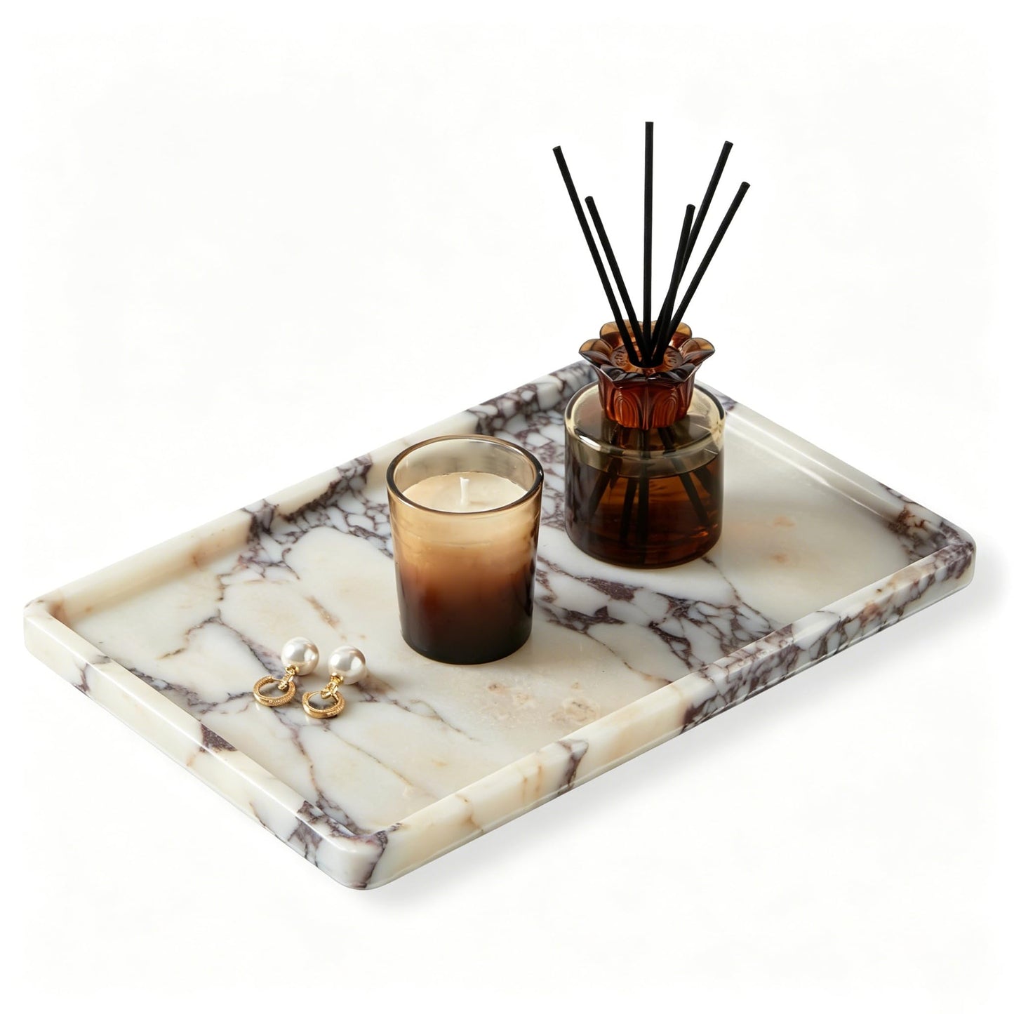 Luxury Natural Rectangle Marble Tray – 11.8 x 7.8-Inch Calacatta Viola Stone Vanity Tray, Large Catchall Organizer for Jewelry Perfume Keys, Decorative Tray for Bathroom Coffee Table & Dresser