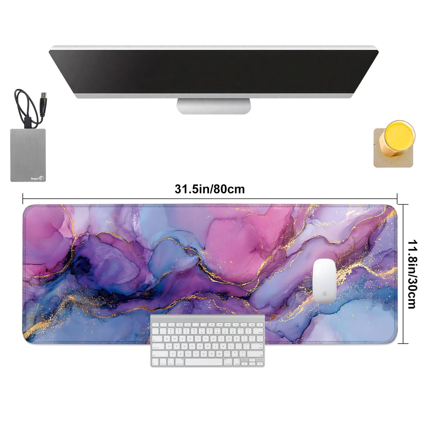Purple Marble Ink Mouse Pad – Large Extended Desk Mat 31.5 x 11.8 in– Alcohol Ink Watercolor with Gold Vein Design, Non-Slip Base, Waterproof Surface, Aesthetic Keyboard & Mouse Pad