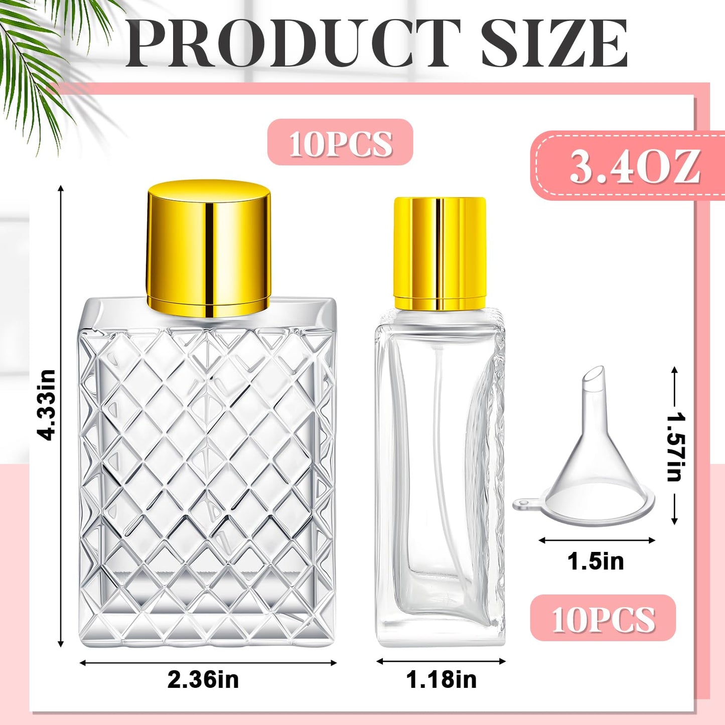 Zhehao 10 Pcs 100ml 3.4 oz Glass Perfume Bottles Refillable Fine Mist Atomizer Spray Bottle with 10 Funnel Filler Empty Portable Perfume Atomizer Clear Essential Oil Container with Sprayer (Gold)