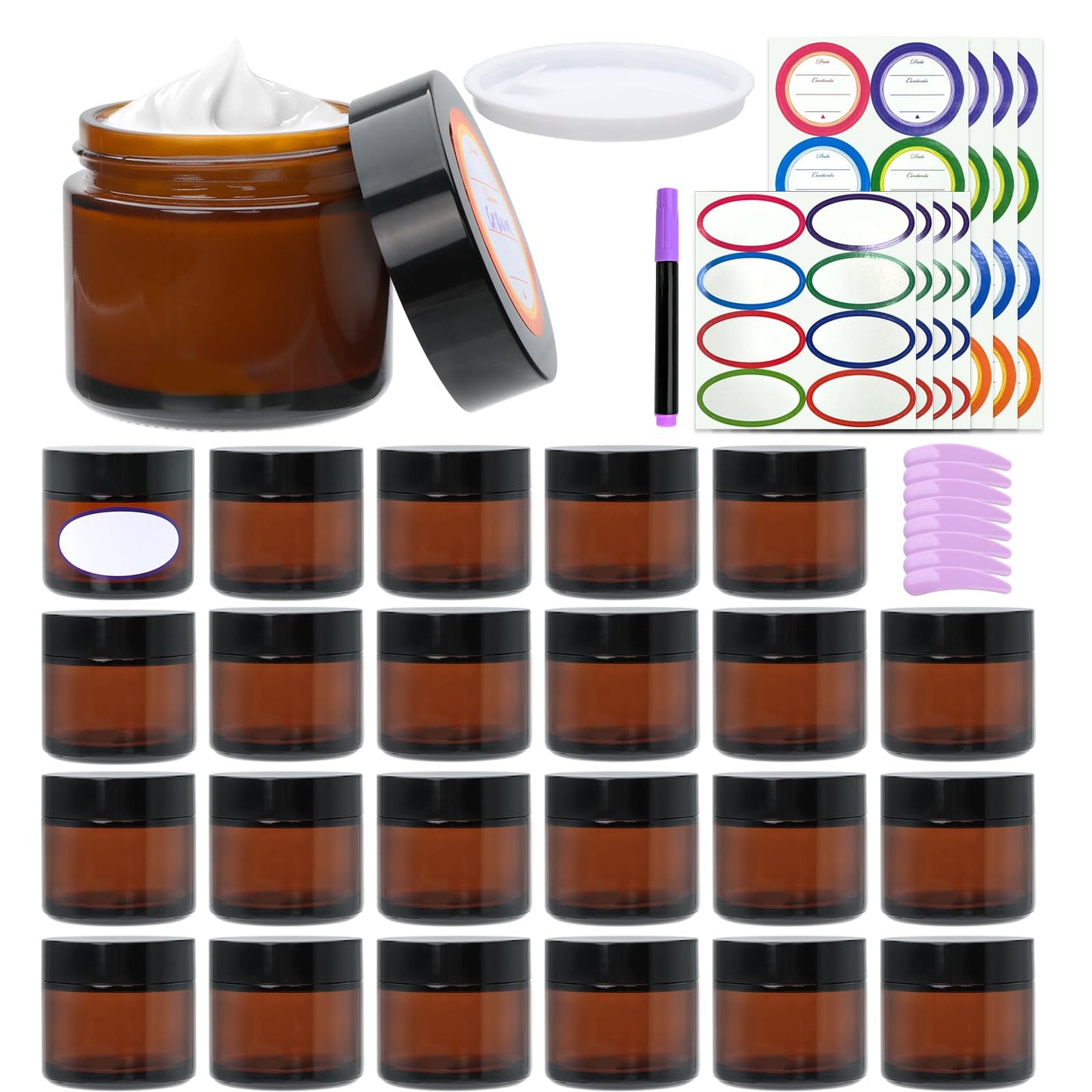 2oz Small Travel Containers with Black Lids,25 Pack Amber Glass Jars with Mini Disposable Spatula for Toiletries，Travel Storage，Makeup Beauty Products, Lotions, Powders and Ointments