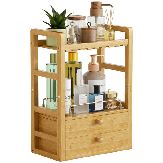 AmazerBath Bamboo Bathroom Countertop Organizer, 2-Tier Makeup Organizer with 2 Drawers, Vanity Organizer Storage Coffee Matcha Station, Compact Shelf for Bathroom Kitchen Office