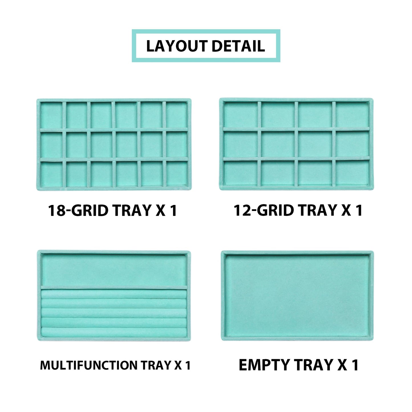 Frebeauty Jewelry Organizer Tray,Stackable Velvet Jewelry Trays,Drawer Inserts Earring Organizer For Women Jewelry Storage Display Case for Rings Stud Necklaces,Set of 4(Turquoise)