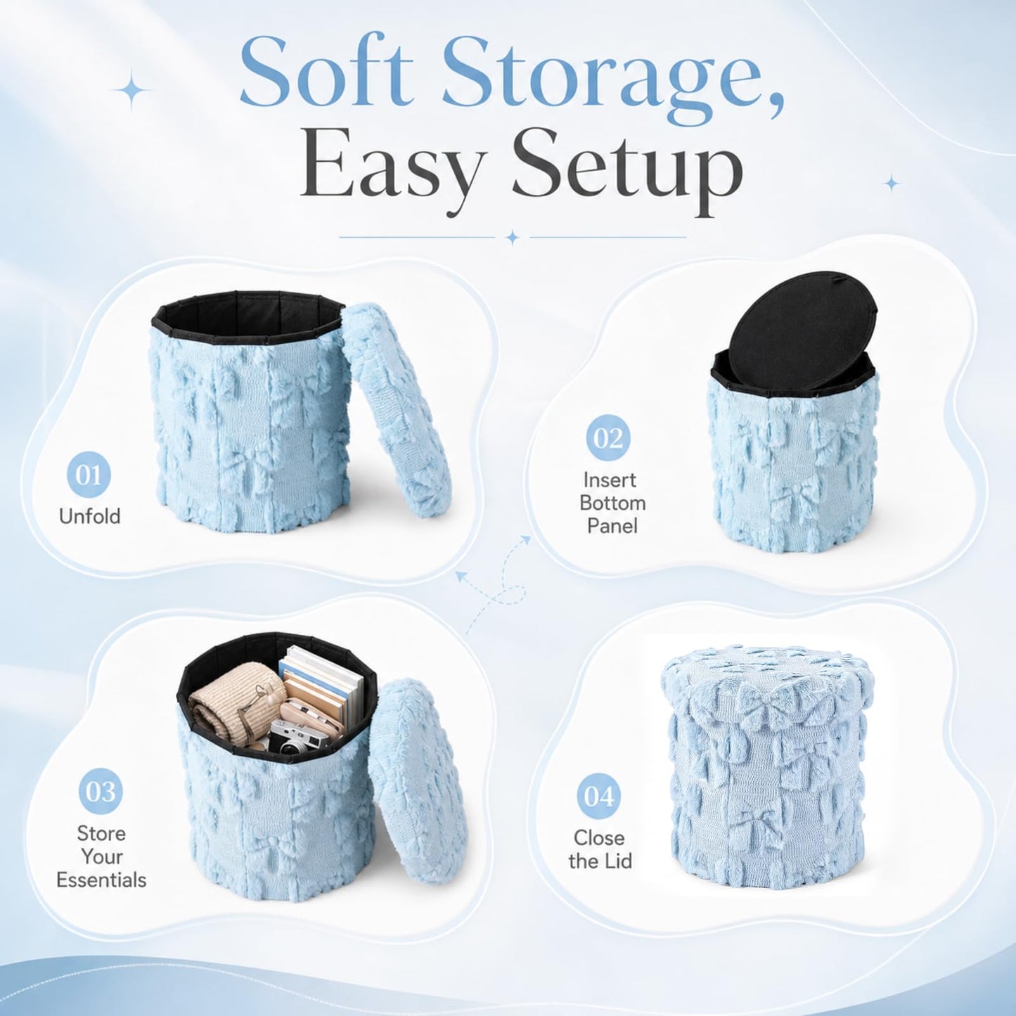 RattanView Storage Ottoman Dorm 12 Inch Blue Bow Round Ottoman Dorm Back to School Coquette Foldable Foot Rest Stool with Lid for College Dormitory Bedroom Office