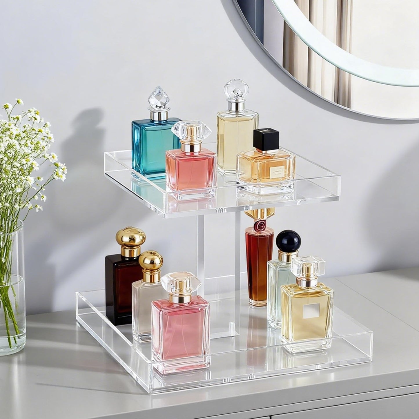 hidyuuoo 2-Tier Acrylic Bathroom Cosmetic Storage Organizer for Dresser and Countertop Standing Perfume Tray for Bedroom Decor
