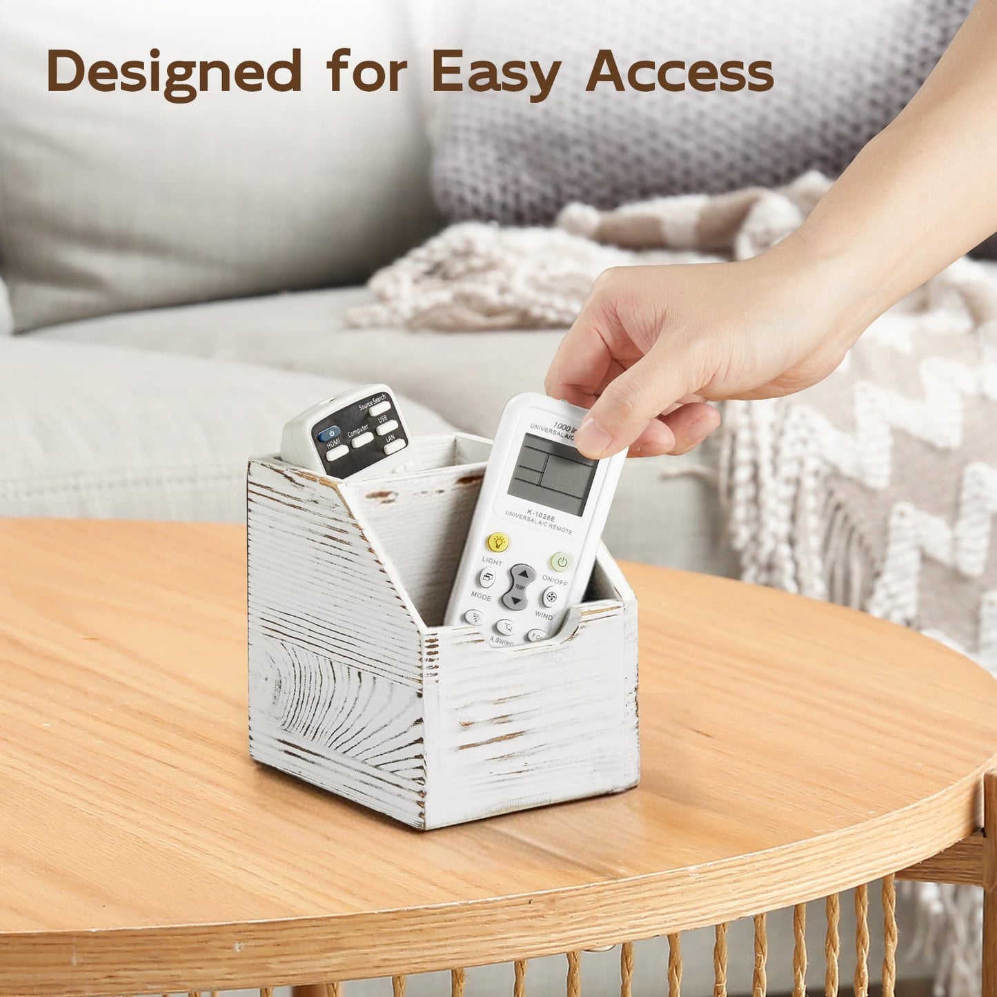 BWODYAY Remote Control Holder, TV Remote Holder, Wood Farmhouse Remote Caddy for Table, Remote Organizer Caddy with 2 Slots, Remote Storage Box for Home Office Rustic White